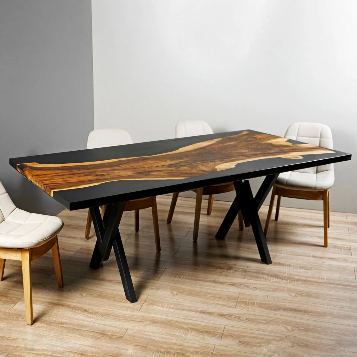 Black Epoxy Wood Dining Table - Walnut Live Edge Kitchen Table - Image 8