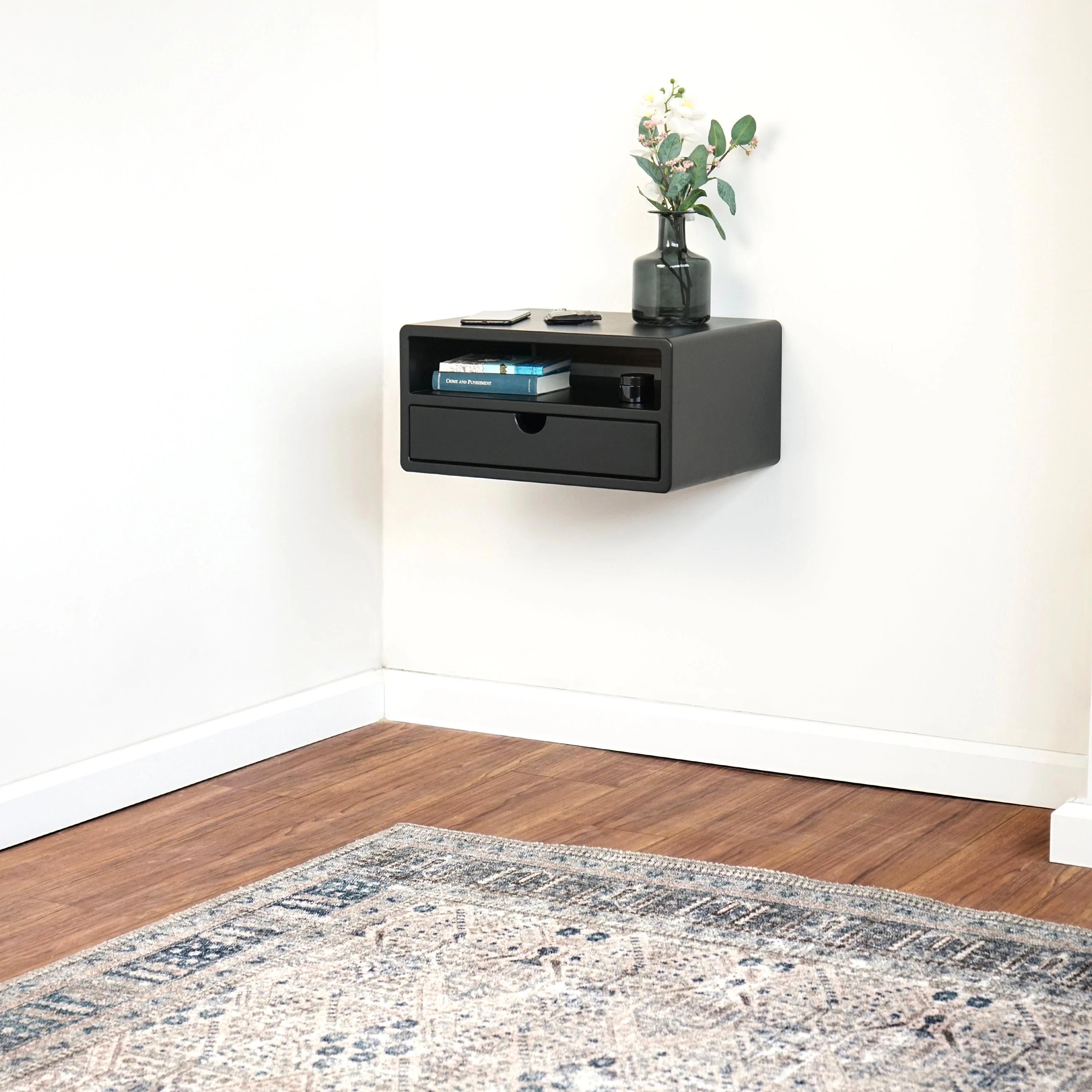 Black Floating Nightstand With Drawer and Shelf - Wall Mounted Bedside Table - Image 10