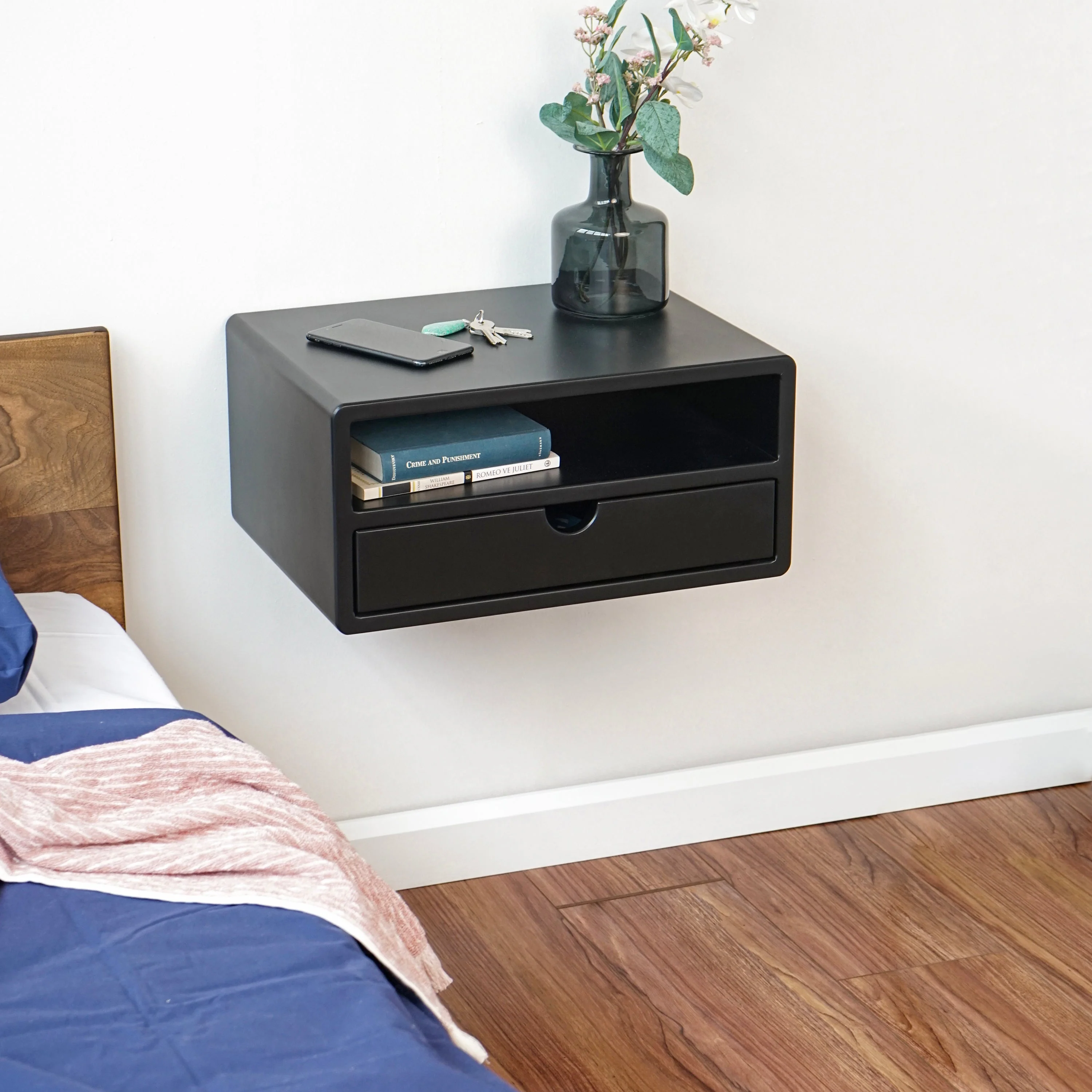 Black Floating Nightstand With Drawer and Shelf - Wall Mounted Bedside Table - Image 11