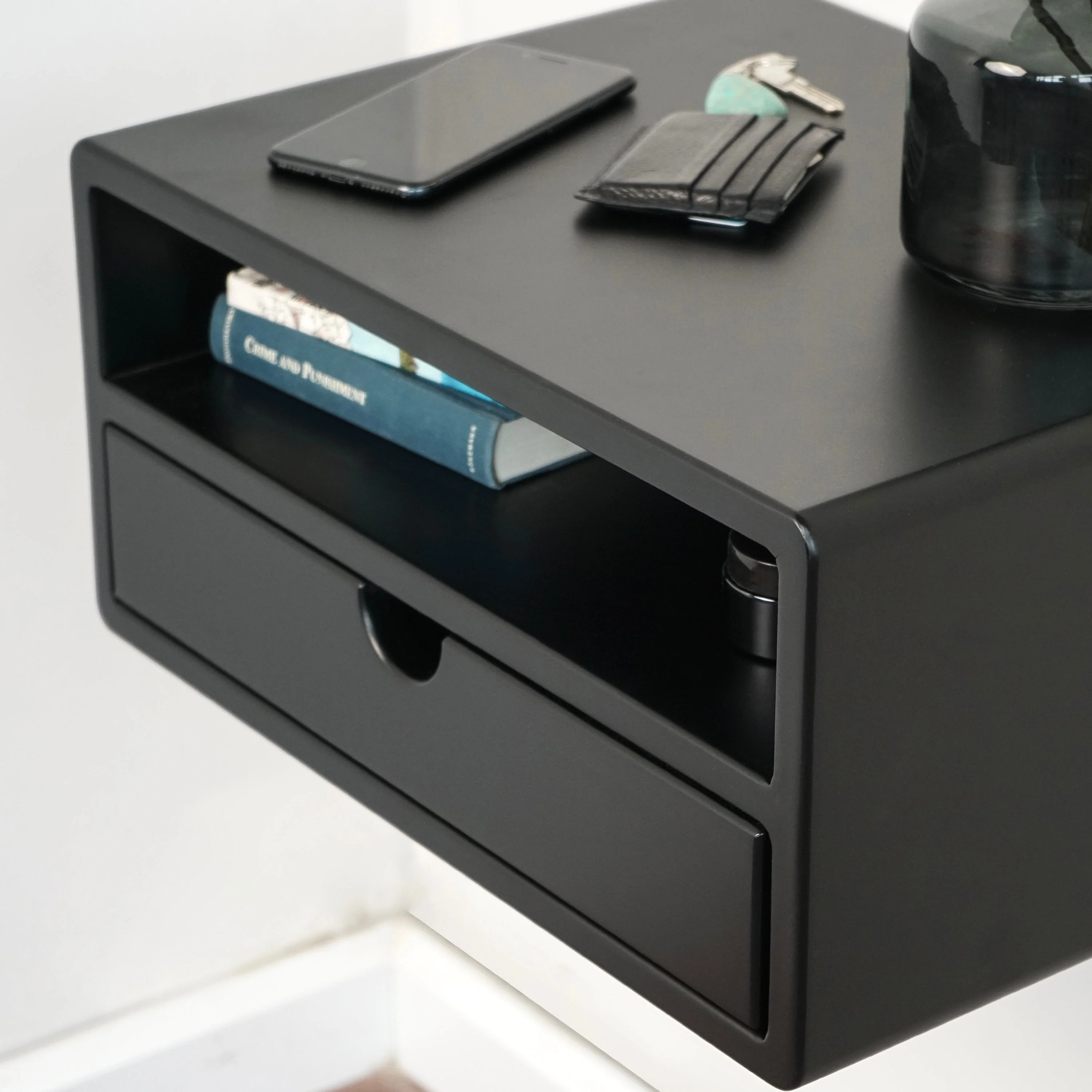 Black Floating Nightstand With Drawer and Shelf - Wall Mounted Bedside Table - Image 12