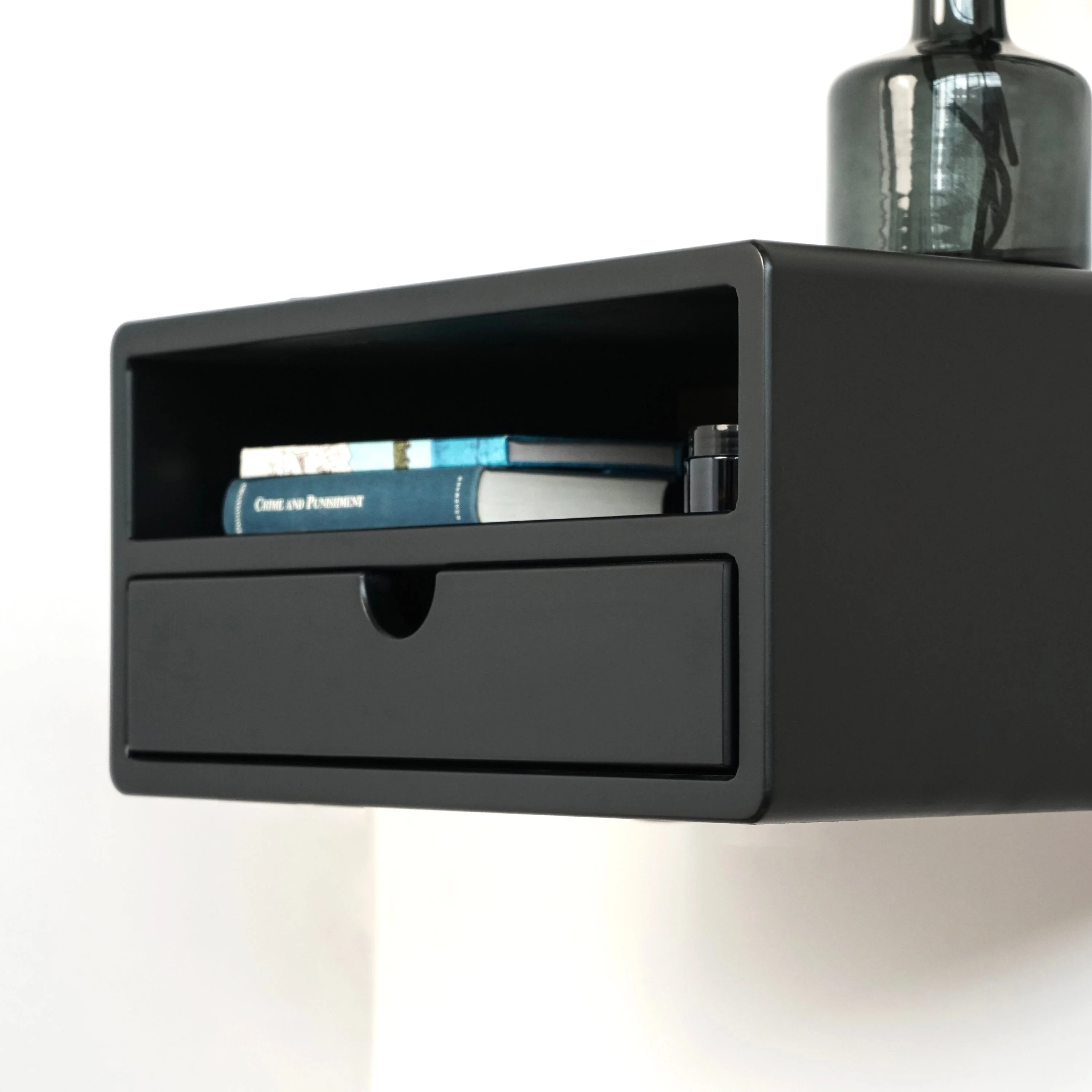 Black Floating Nightstand With Drawer and Shelf - Wall Mounted Bedside Table - Image 4