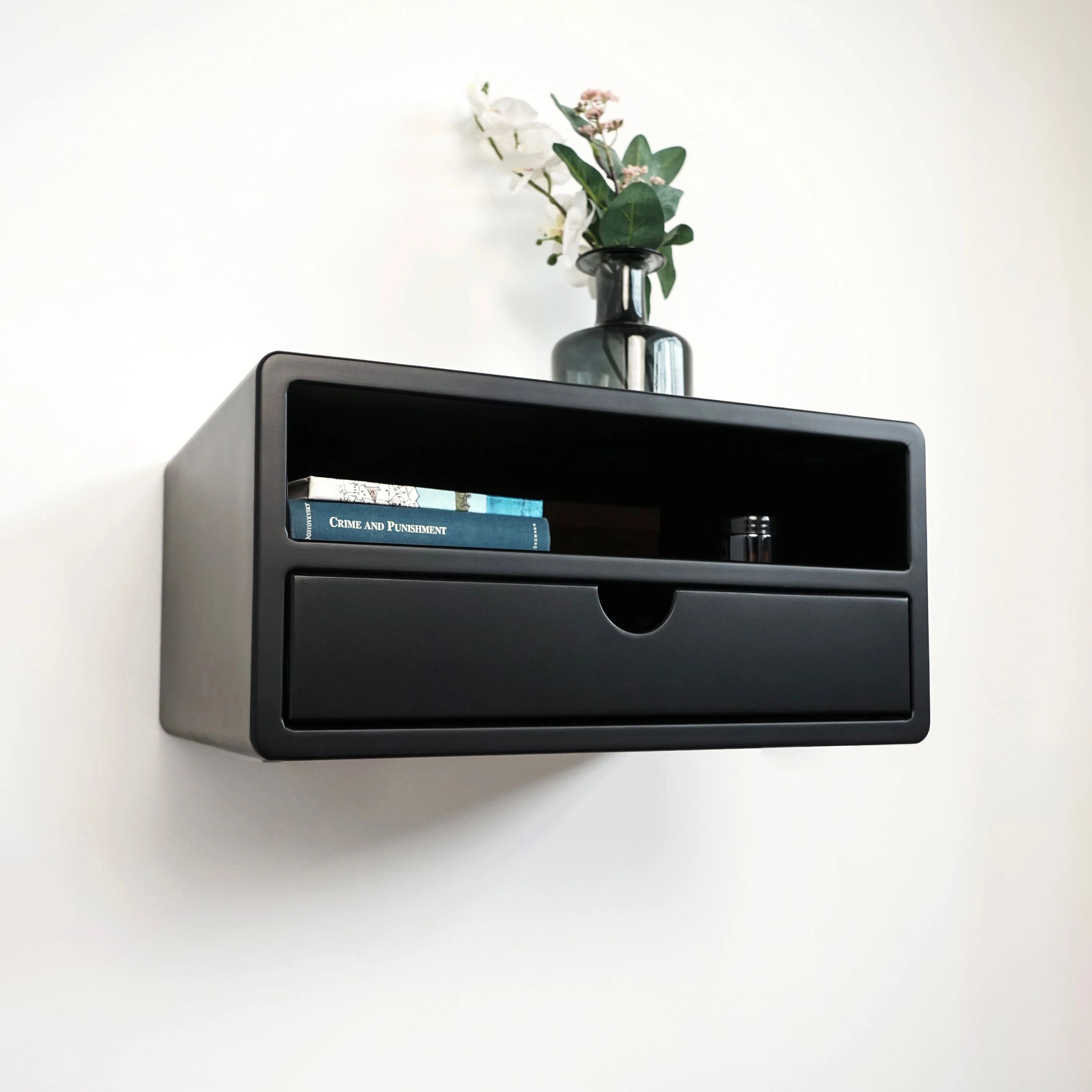 Black Floating Nightstand With Drawer and Shelf - Wall Mounted Bedside Table - Image 6
