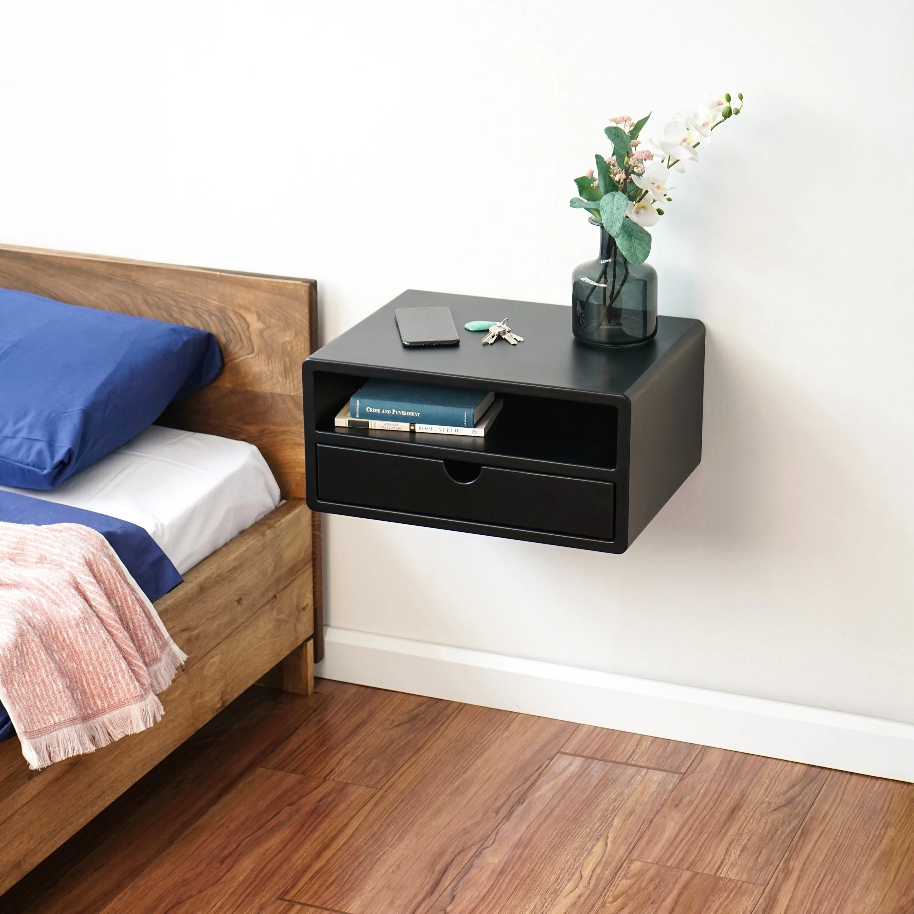 Black Floating Nightstand With Drawer and Shelf - Wall Mounted Bedside Table - Image 7