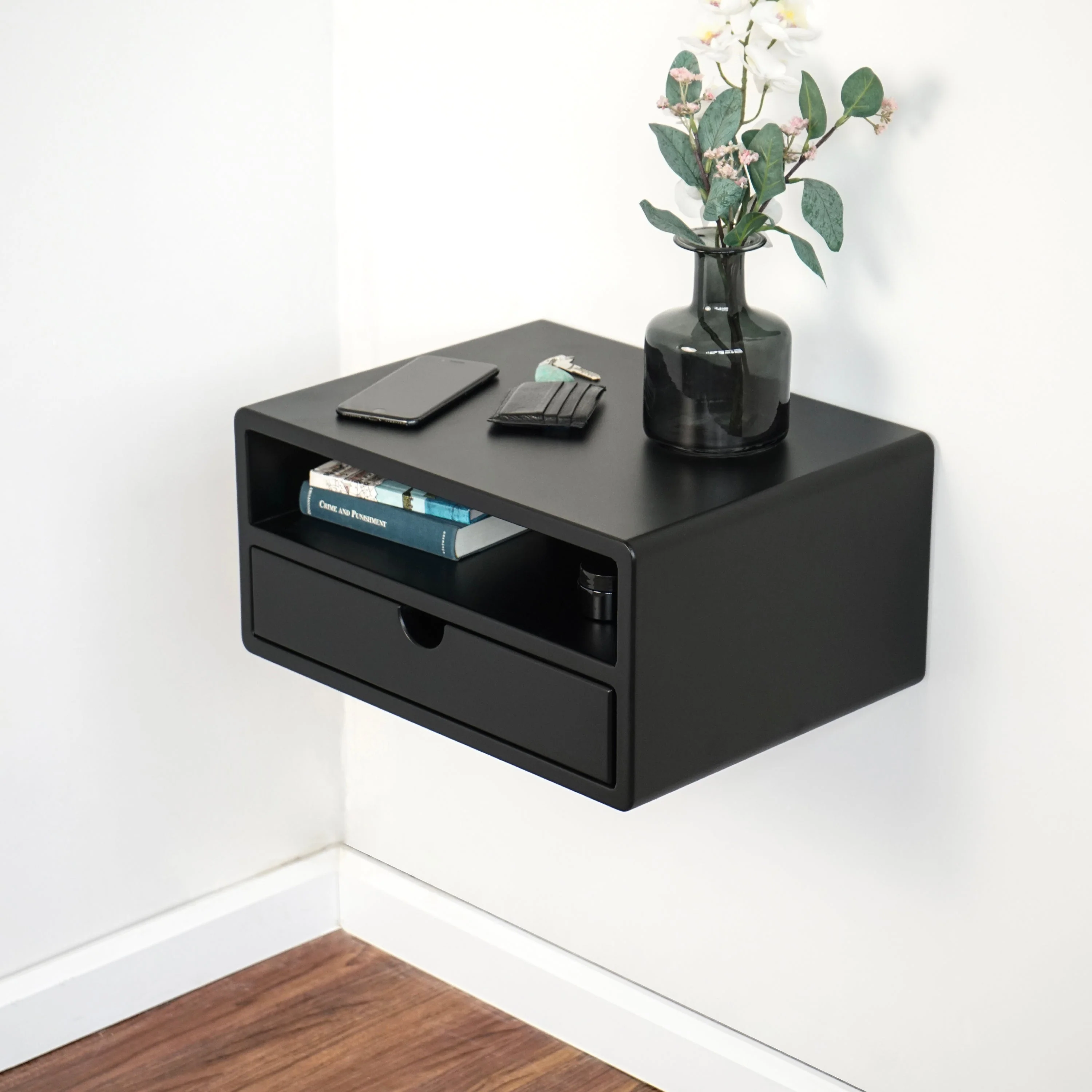 Black Floating Nightstand With Drawer and Shelf - Wall Mounted Bedside Table - Image 8