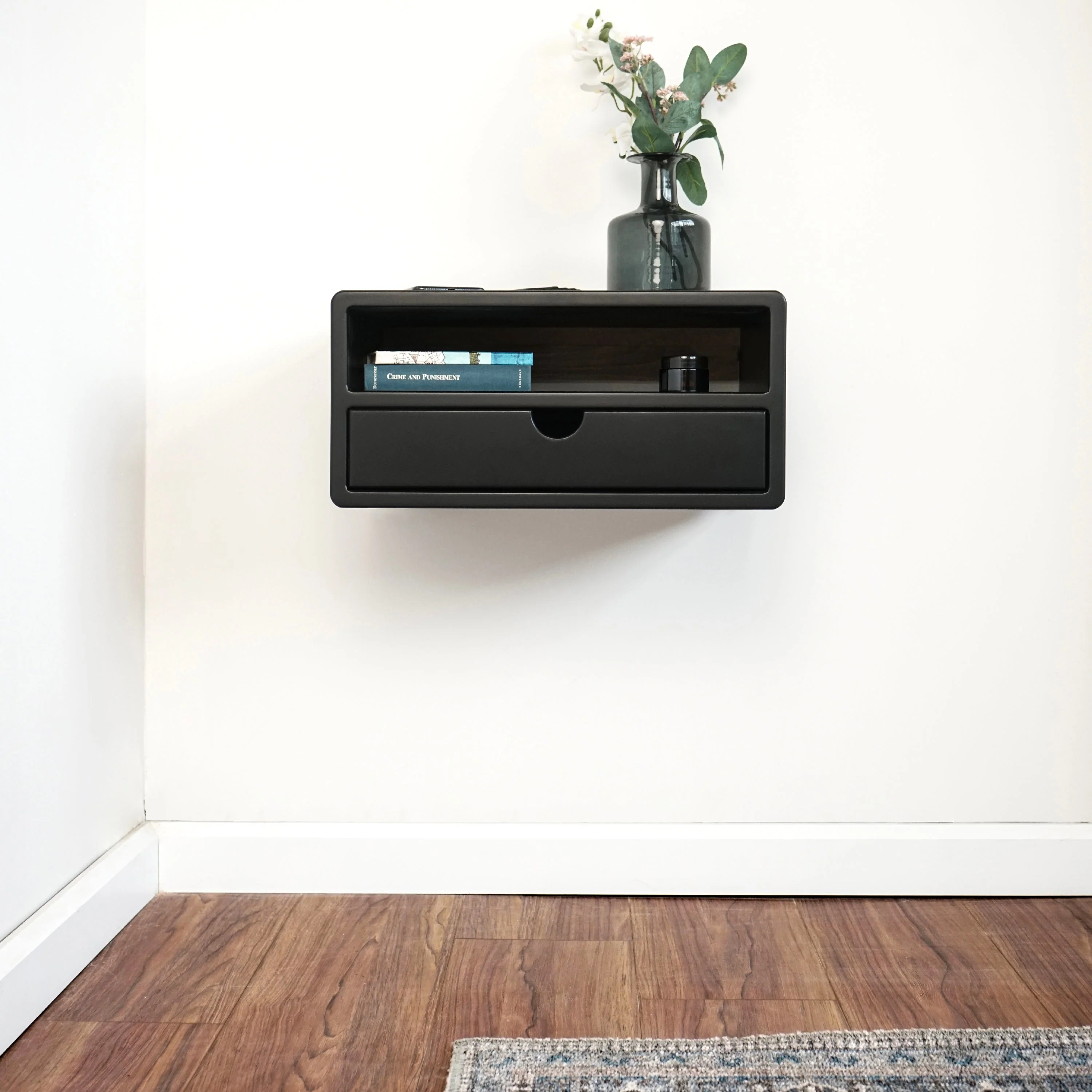 Black Floating Nightstand With Drawer and Shelf - Wall Mounted Bedside Table - Image 9