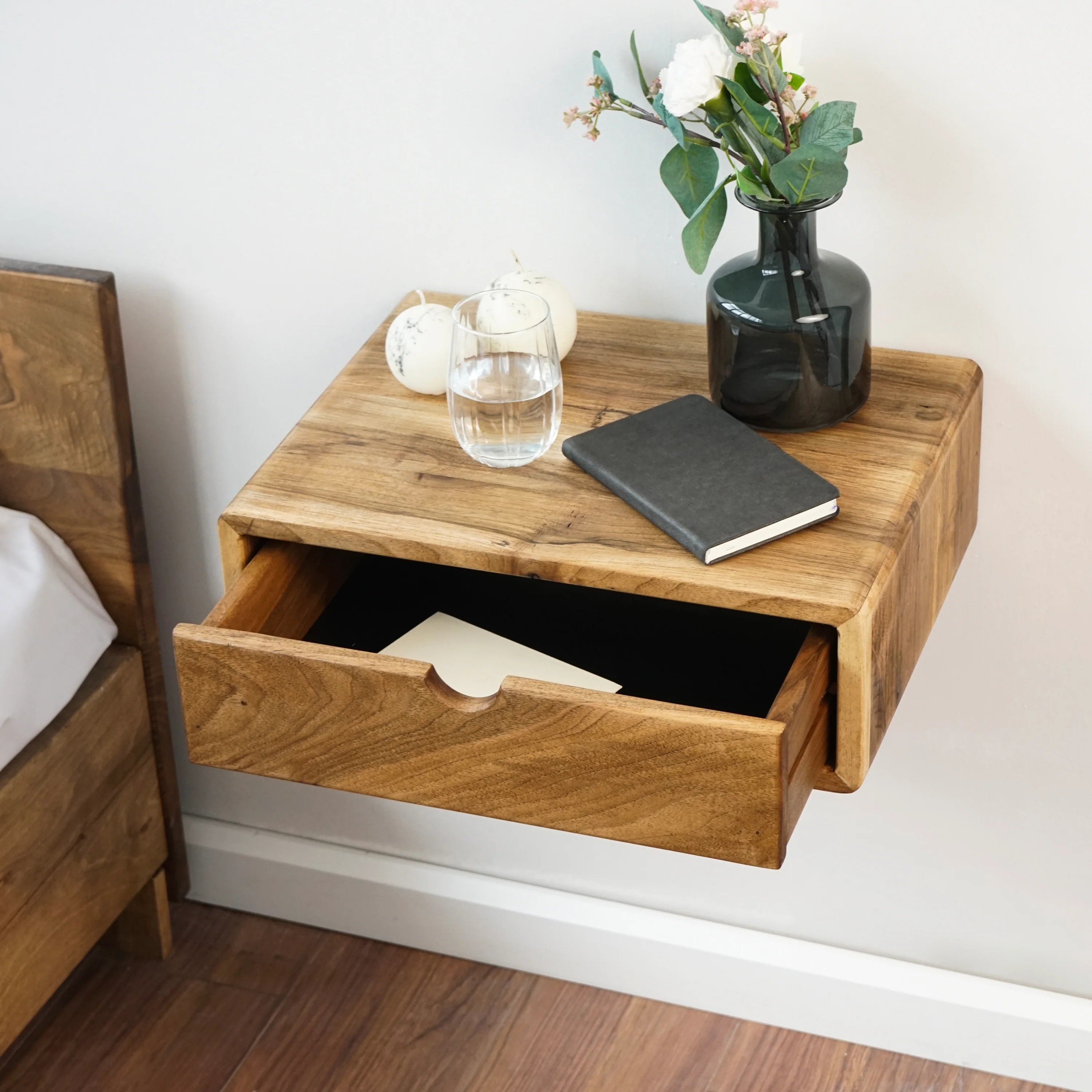 Floating Nightstand - Walnut Bedside Table with Drawer - Image 11