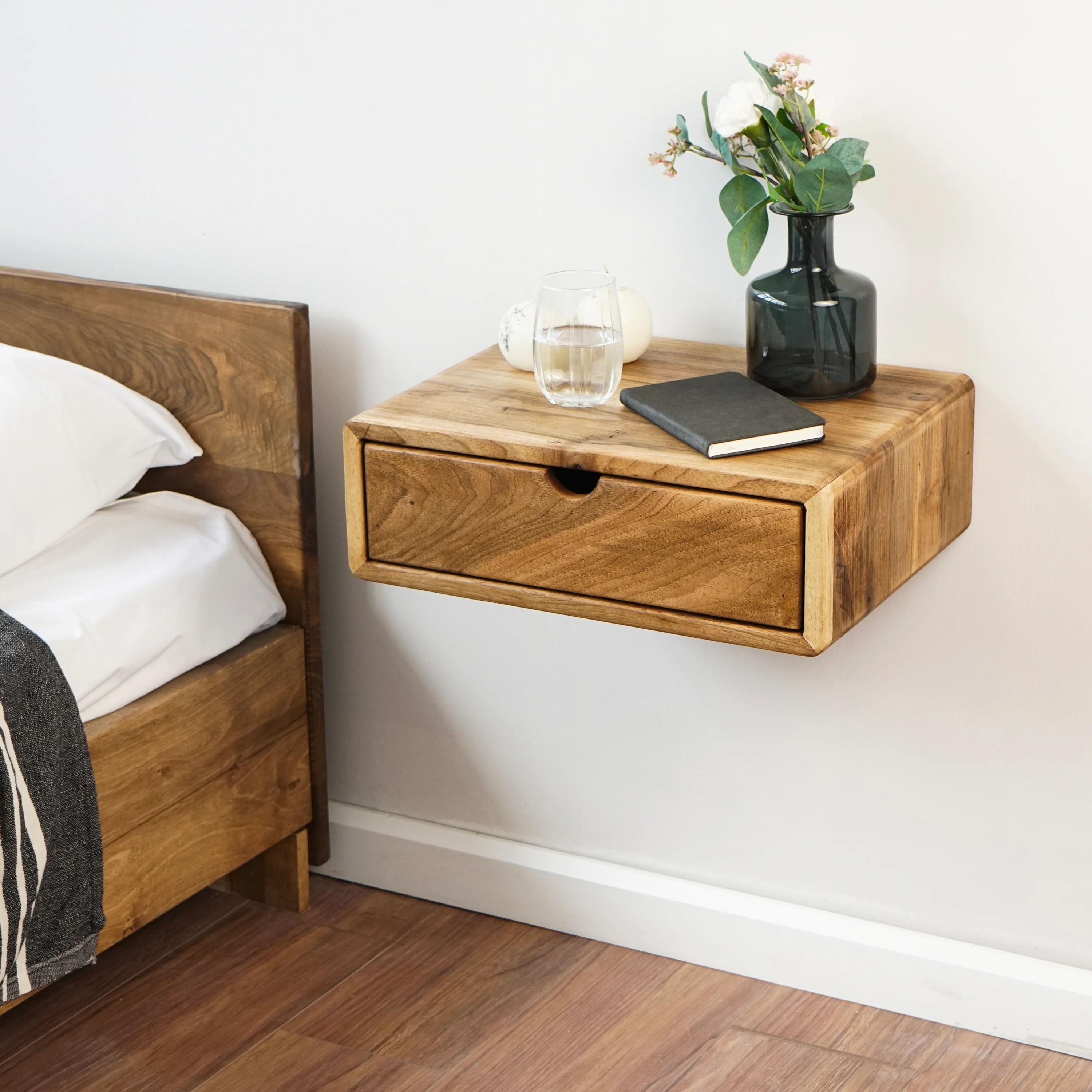 Floating Nightstand - Walnut Bedside Table with Drawer - Image 6
