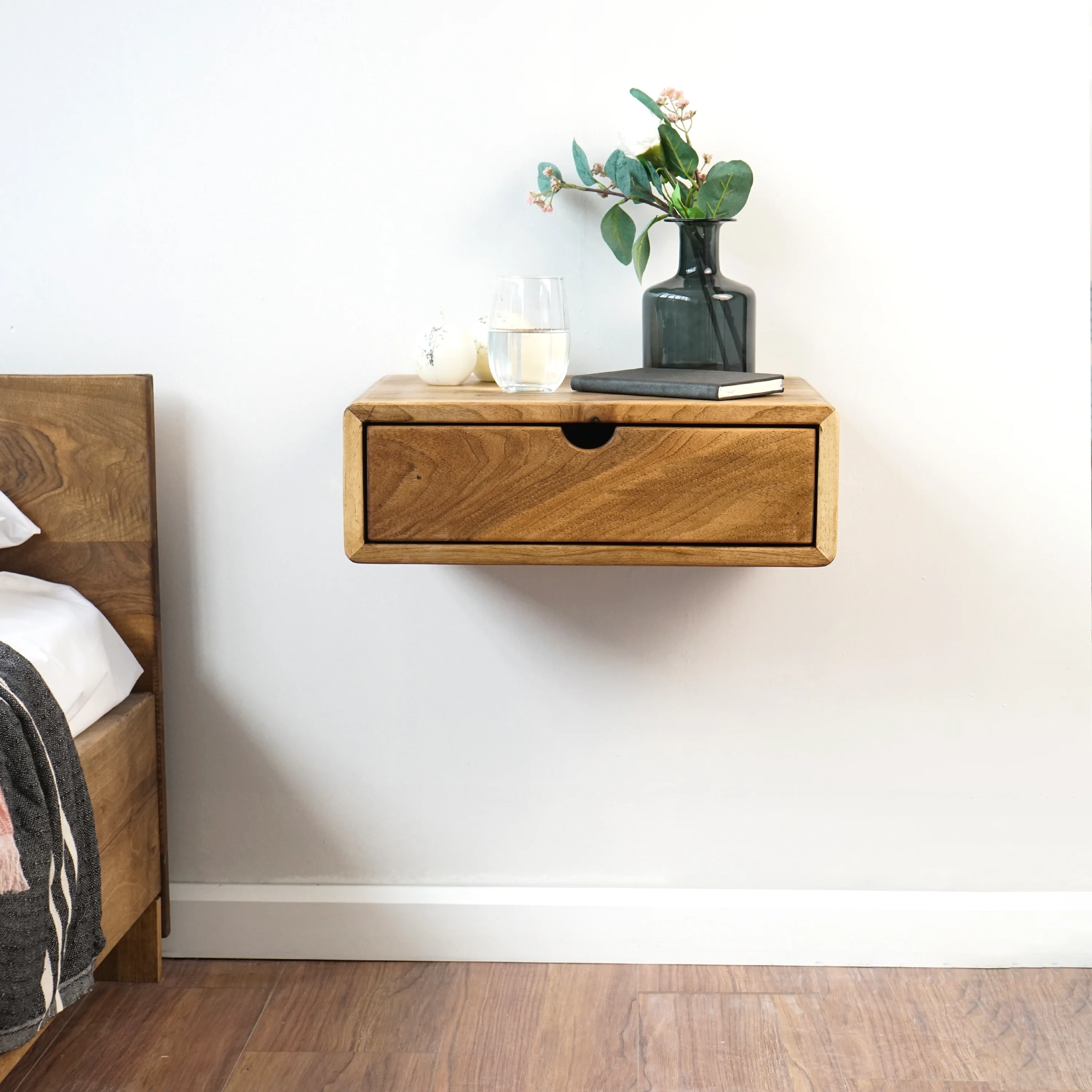 Floating Nightstand - Walnut Bedside Table with Drawer - Image 9