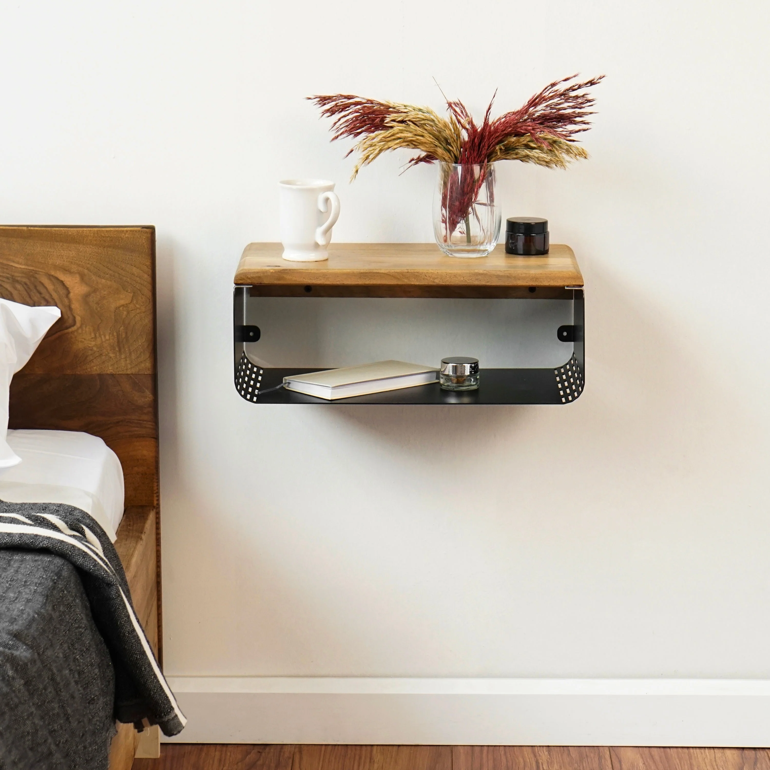 Floating Nightstand With Walnut Top and Sturdy Metal Base - Image 4