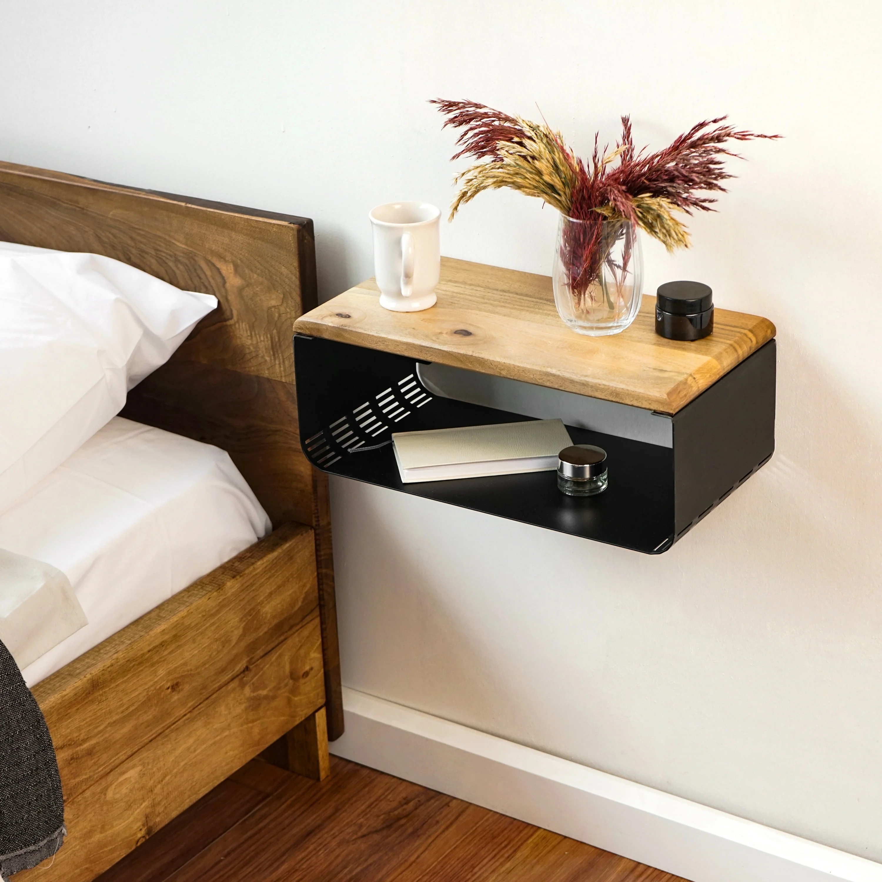 Floating Nightstand With Walnut Top and Sturdy Metal Base - Image 6