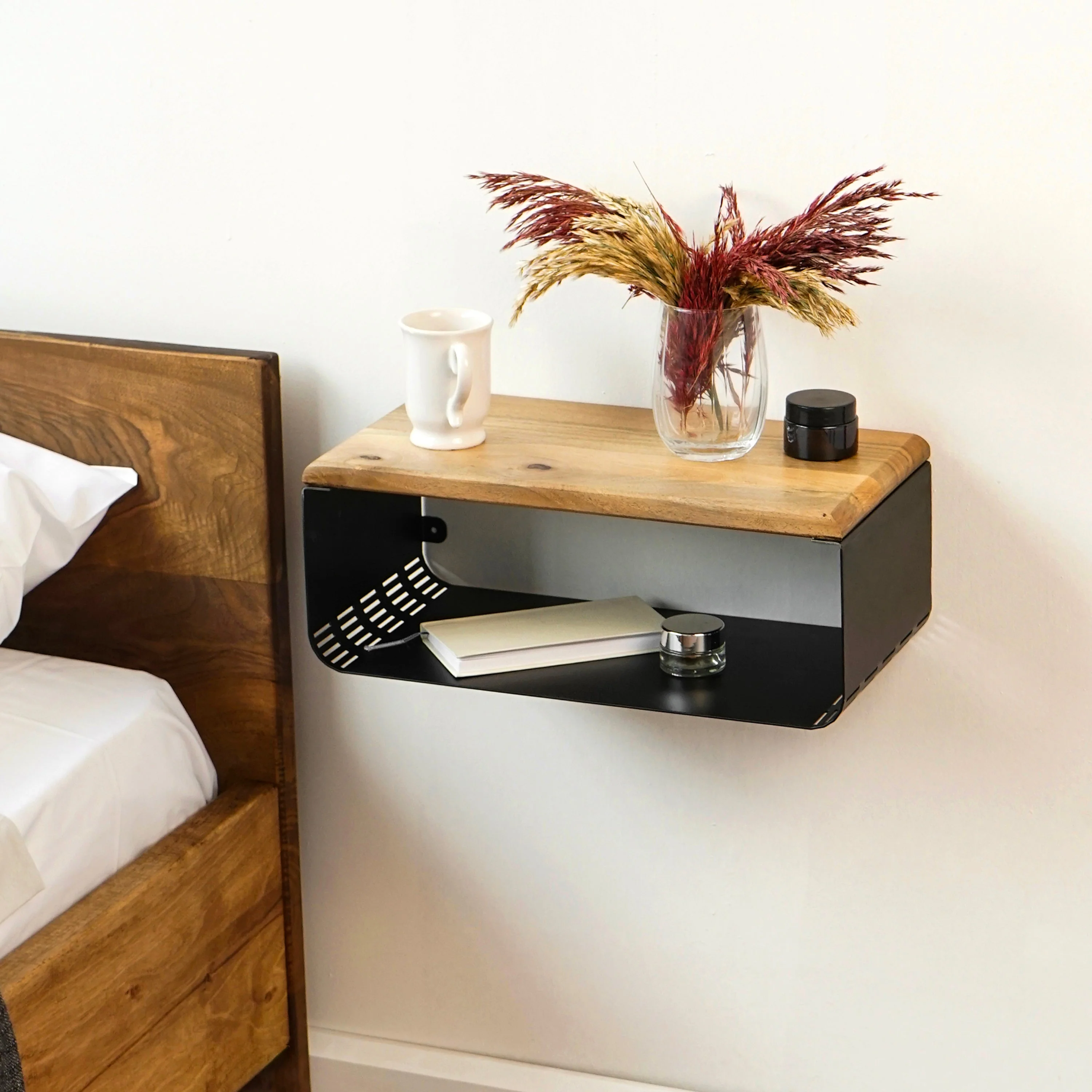 Floating Nightstand With Walnut Top and Sturdy Metal Base - Image 7