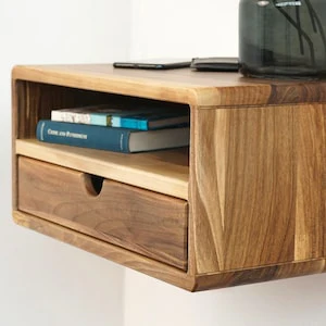Floating Walnut Nightstand - Walnut Bedside Table with Drawer and Shelf - Image 11