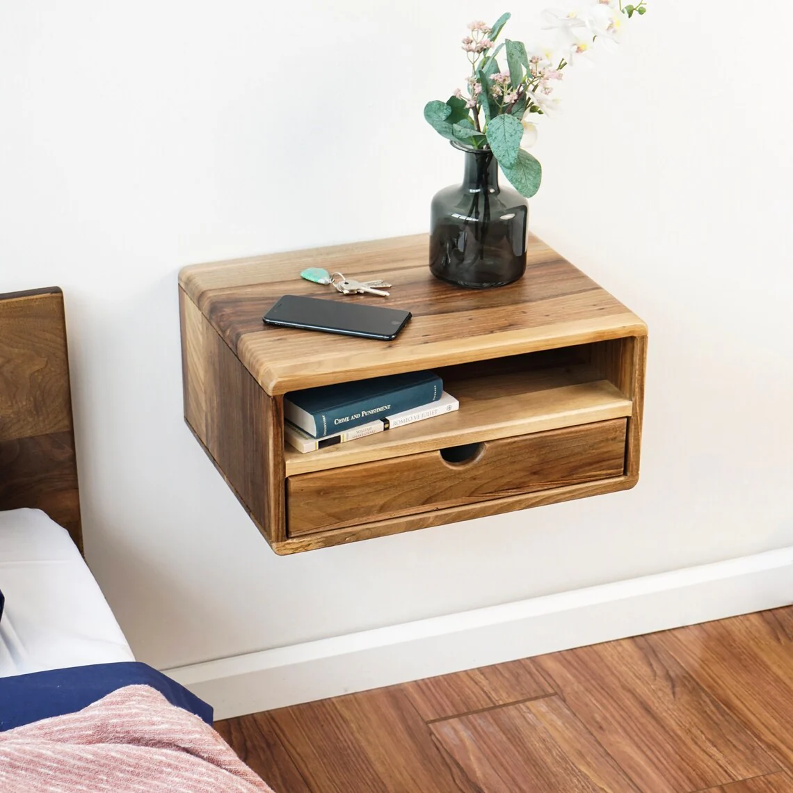 Floating Walnut Nightstand - Walnut Bedside Table with Drawer and Shelf - Image 12