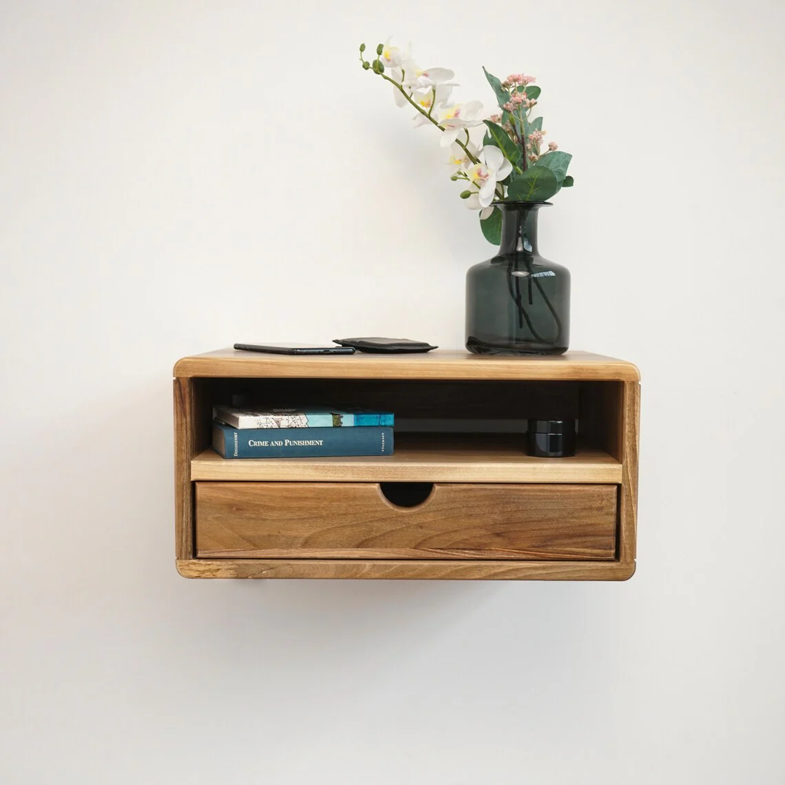 Floating Walnut Nightstand - Walnut Bedside Table with Drawer and Shelf - Image 14