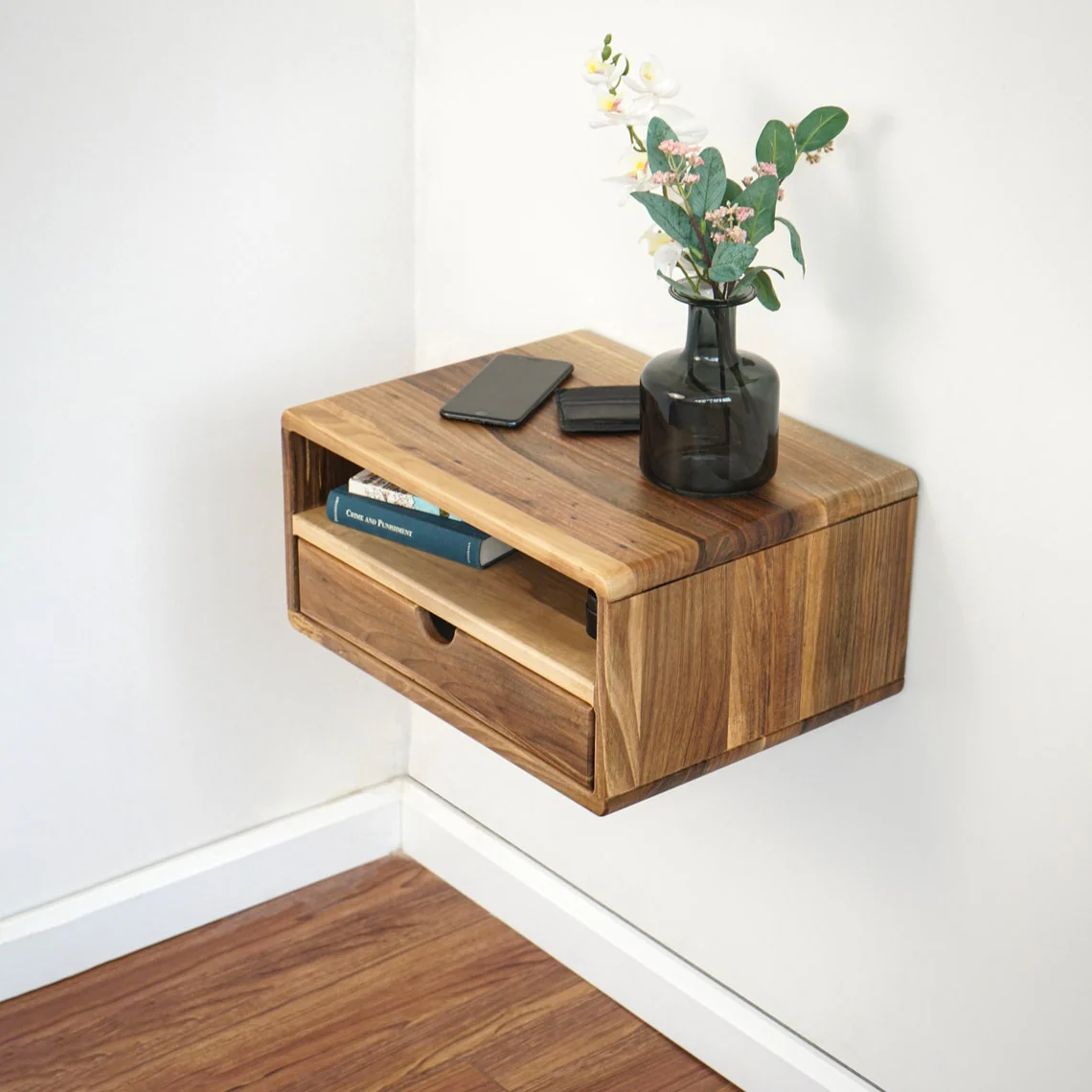 Floating Walnut Nightstand - Walnut Bedside Table with Drawer and Shelf - Image 15