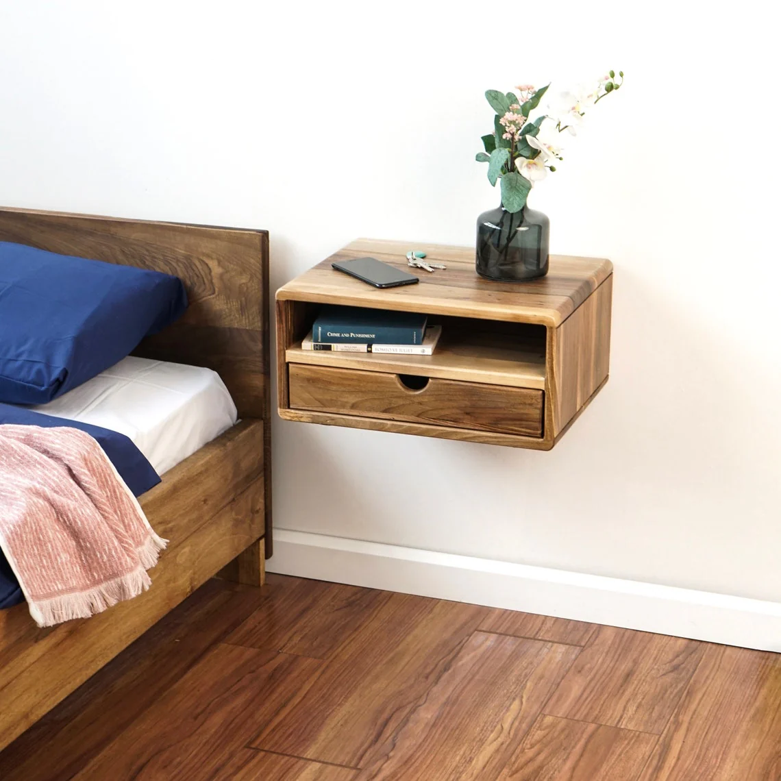 Floating Walnut Nightstand - Walnut Bedside Table with Drawer and Shelf - Image 16