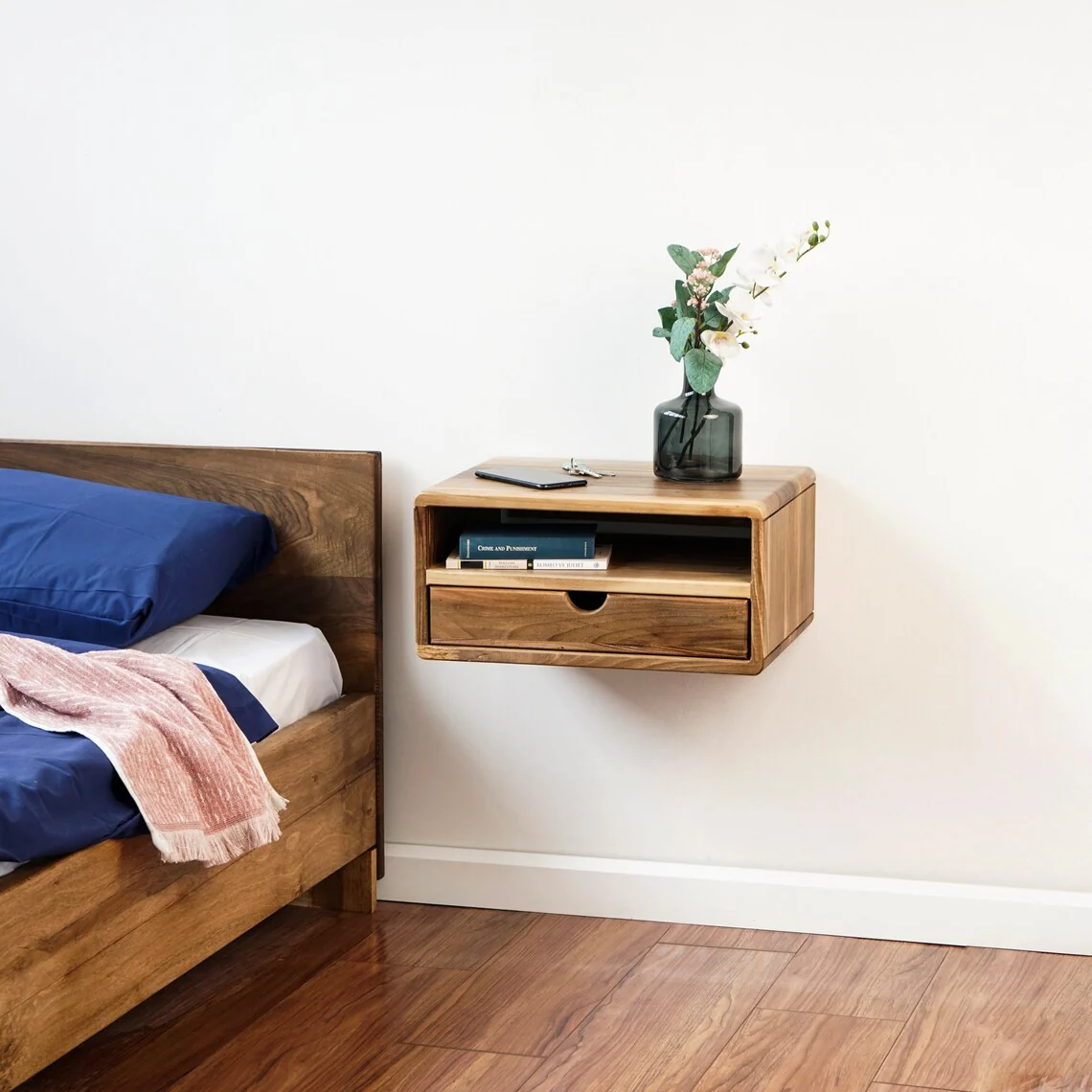 Floating Walnut Nightstand - Walnut Bedside Table with Drawer and Shelf - Image 17