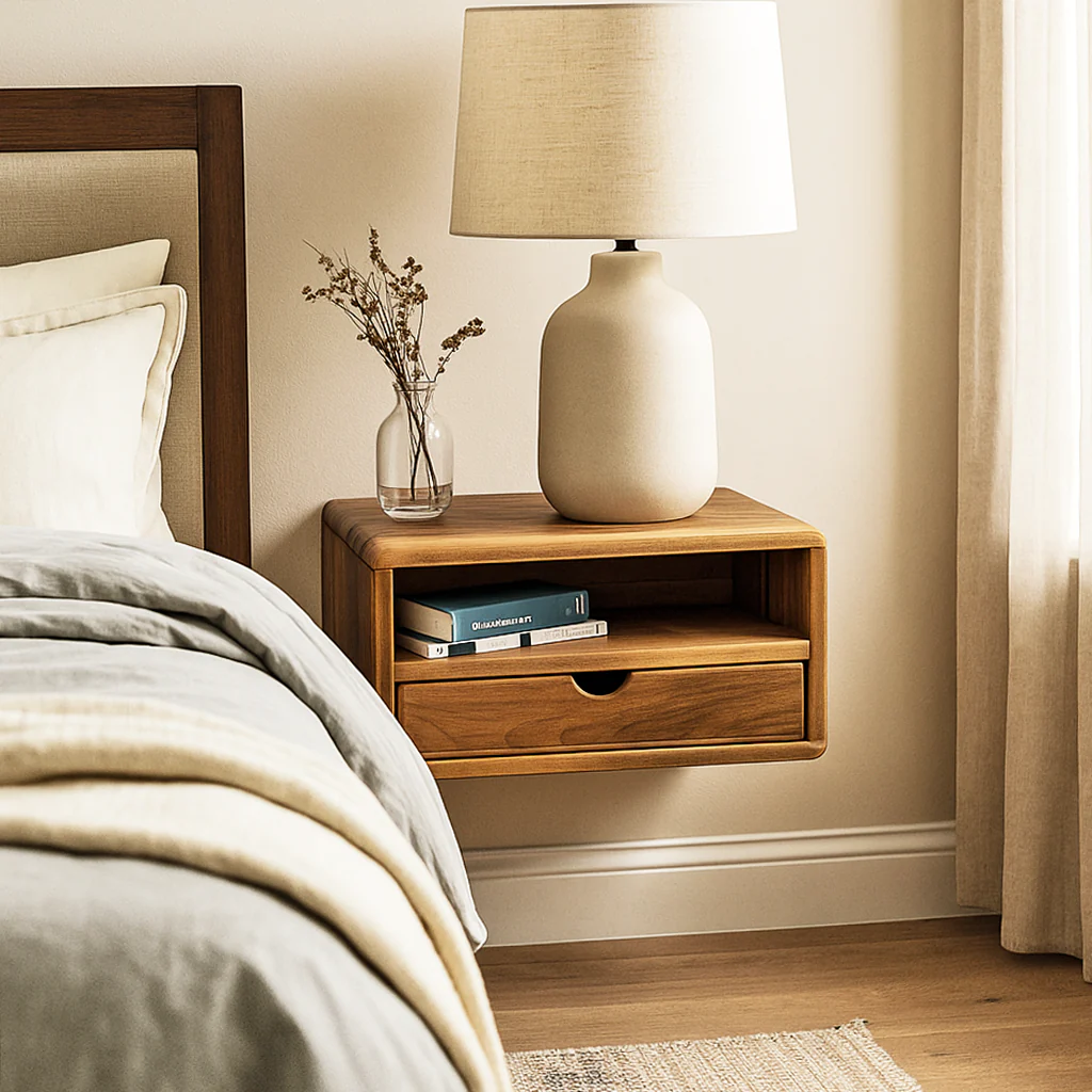 Floating Walnut Nightstand - Walnut Bedside Table with Drawer and Shelf - Image 3