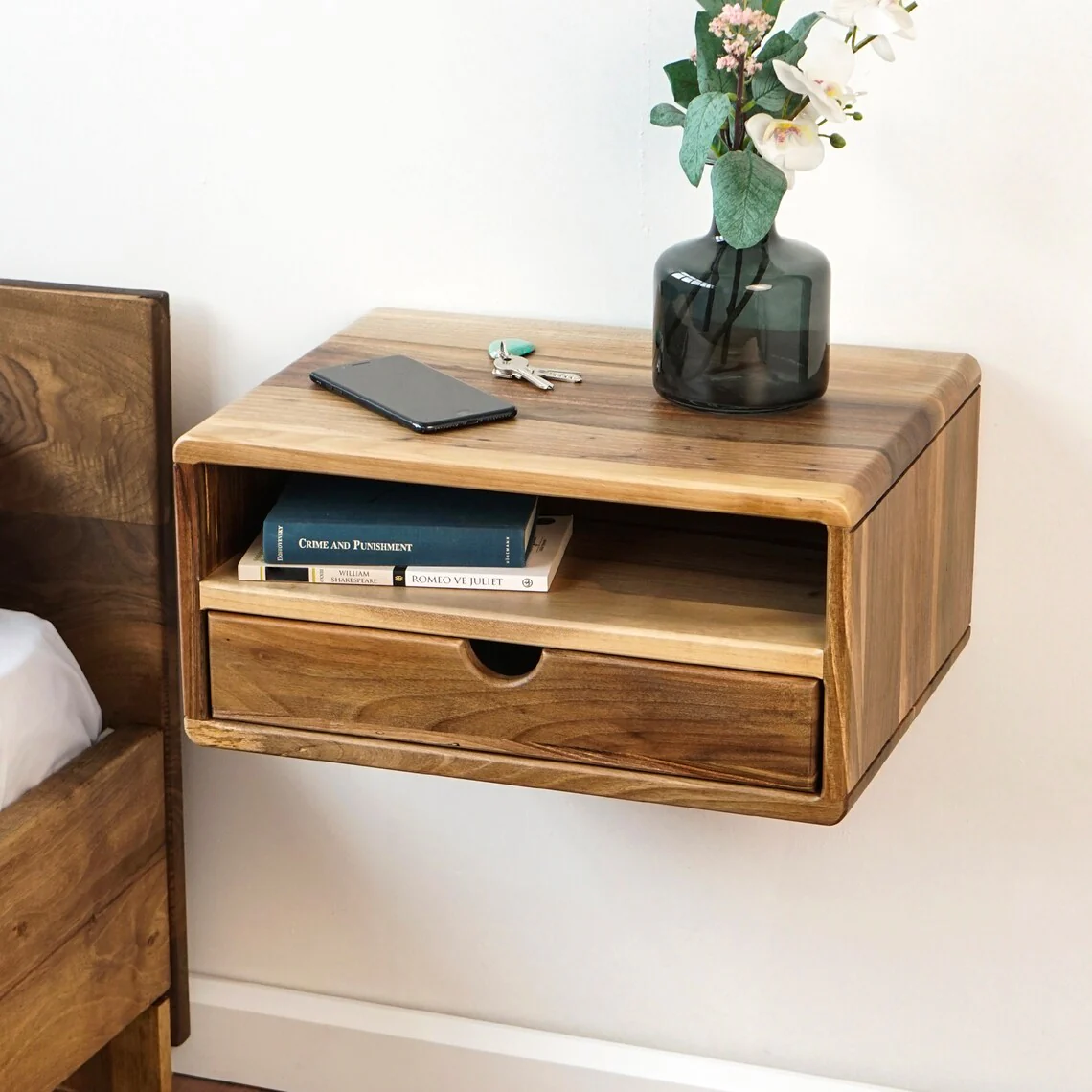 Floating Walnut Nightstand - Walnut Bedside Table with Drawer and Shelf - Image 5