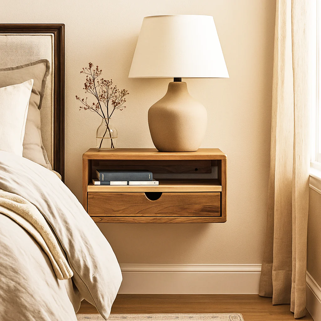 Floating Walnut Nightstand - Walnut Bedside Table with Drawer and Shelf - Image 6