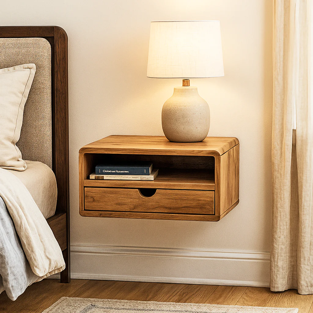 Floating Walnut Nightstand - Walnut Bedside Table with Drawer and Shelf - Image 7