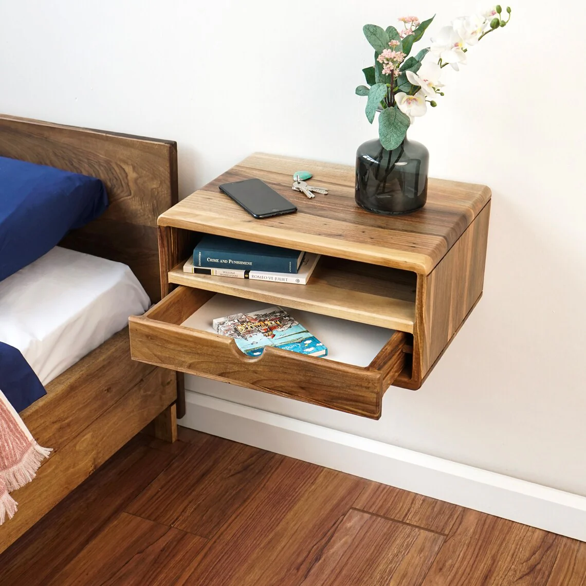 Floating Walnut Nightstand - Walnut Bedside Table with Drawer and Shelf - Image 8