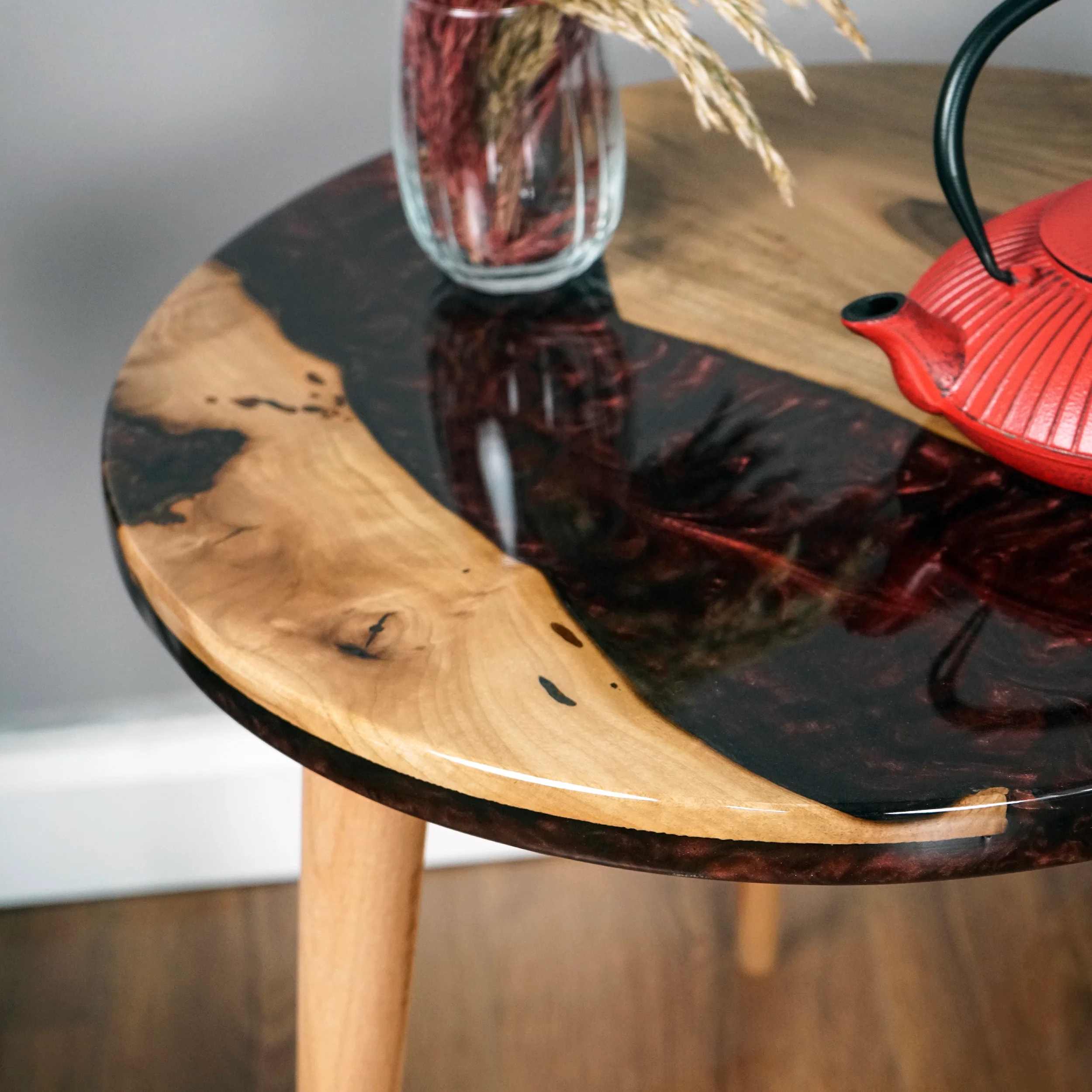 Live Edge Blue Epoxy River Side Table with Tapered Legs - Image 11