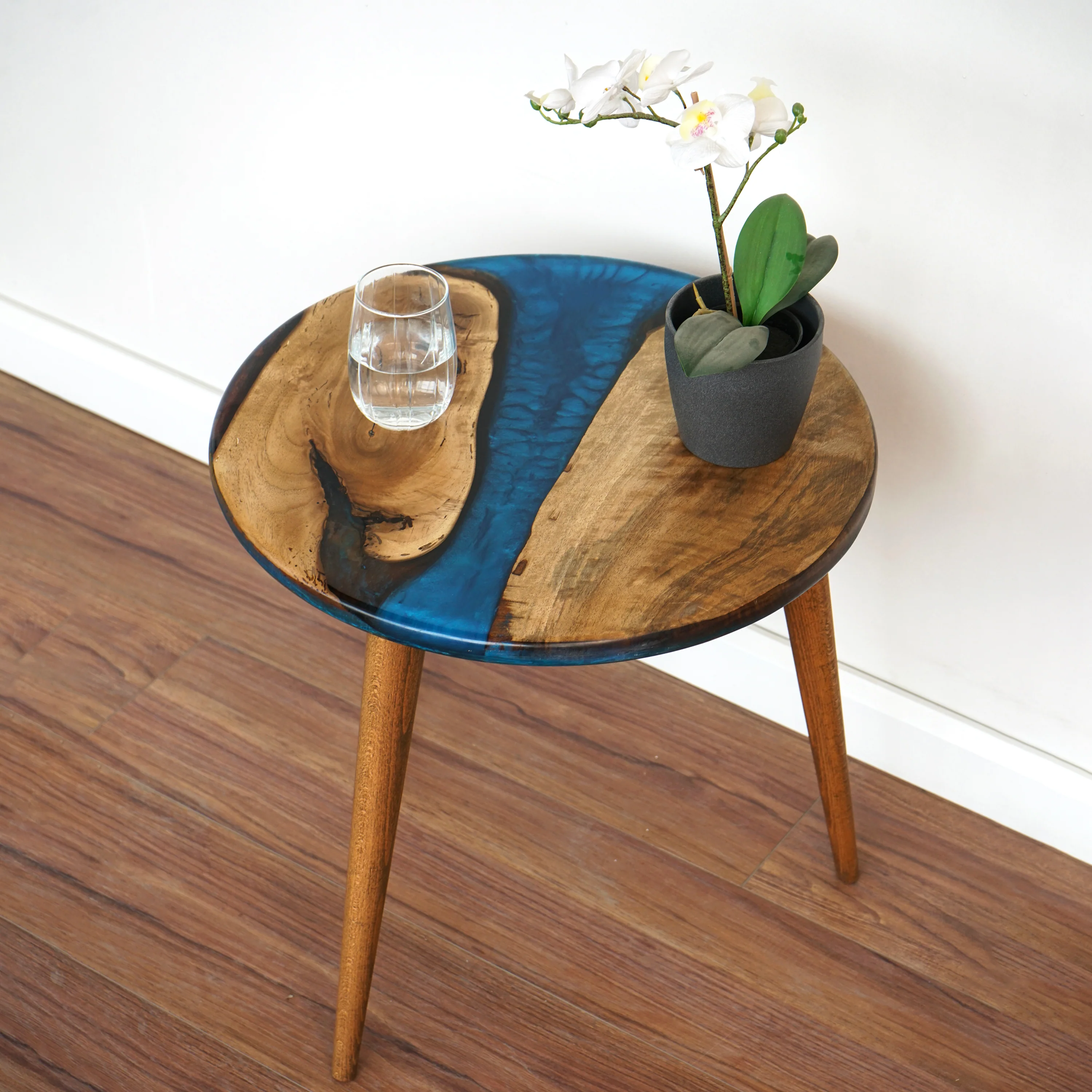 Live Edge Blue Epoxy River Side Table with Tapered Legs - Image 13
