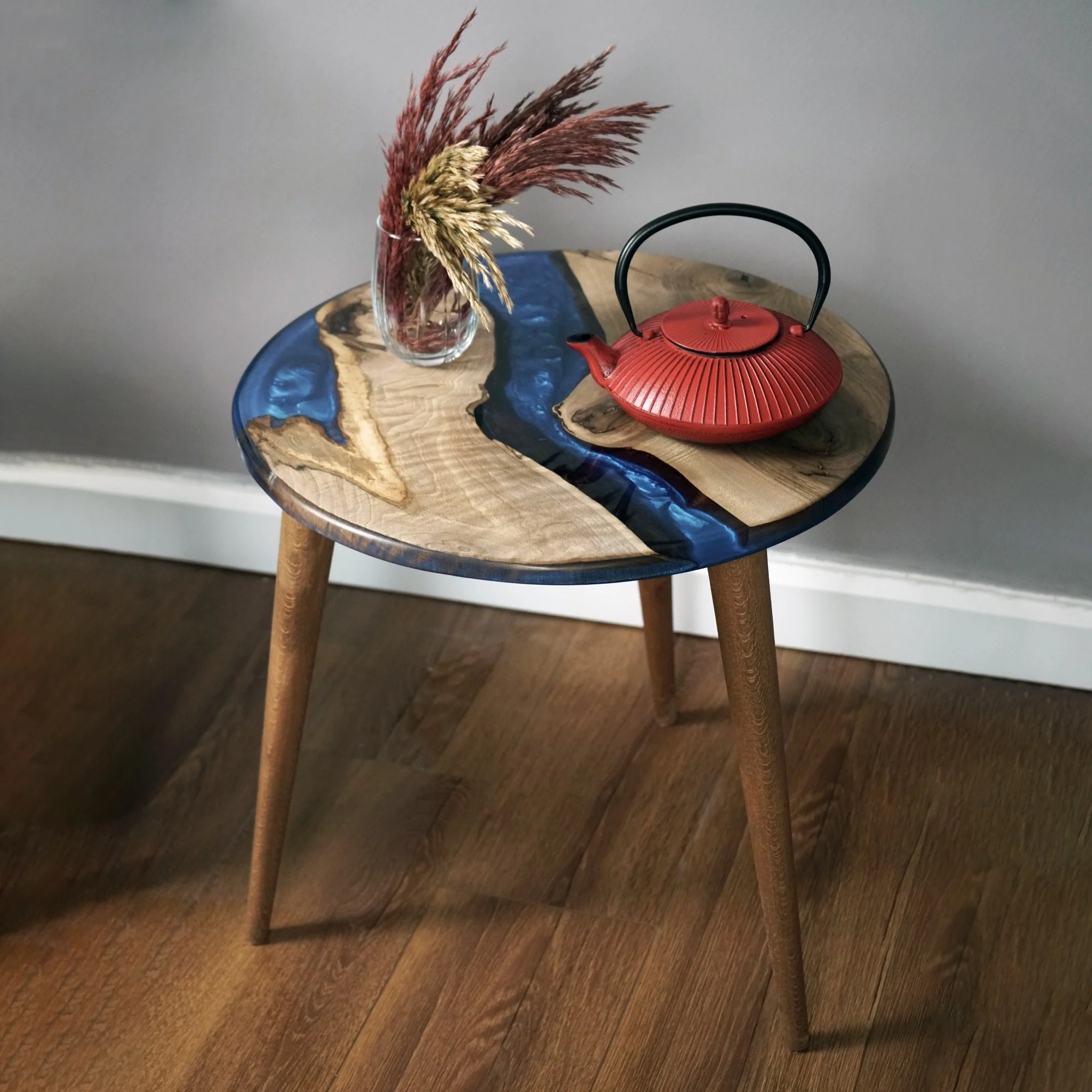 Live Edge Blue Epoxy River Side Table with Tapered Legs - Image 14