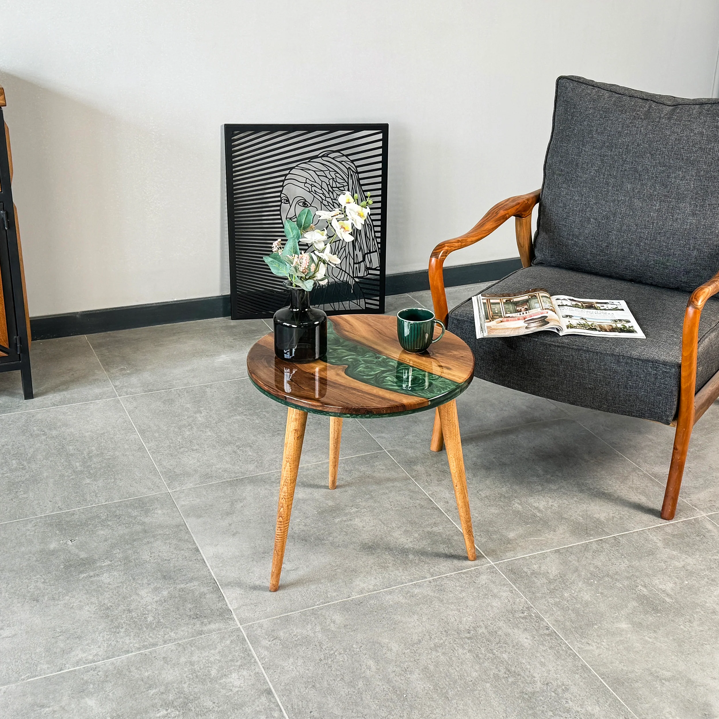 Live Edge Blue Epoxy River Side Table with Tapered Legs - Image 15