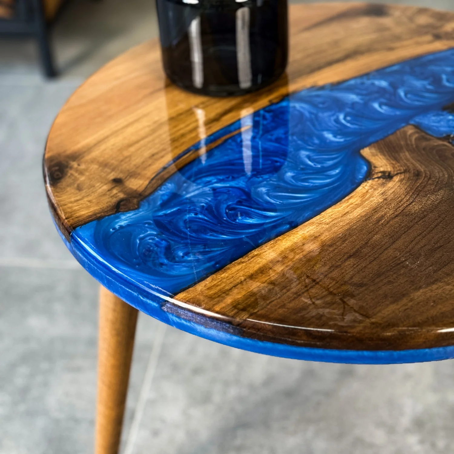 Live Edge Blue Epoxy River Side Table with Tapered Legs - Image 3