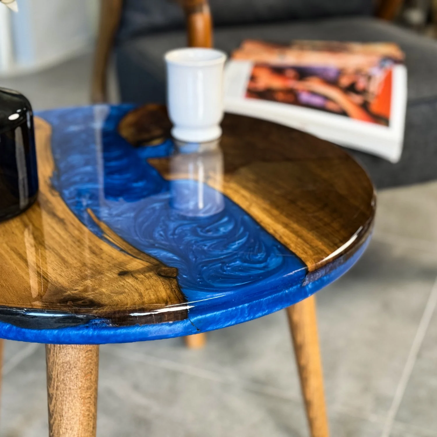 Live Edge Blue Epoxy River Side Table with Tapered Legs - Image 5