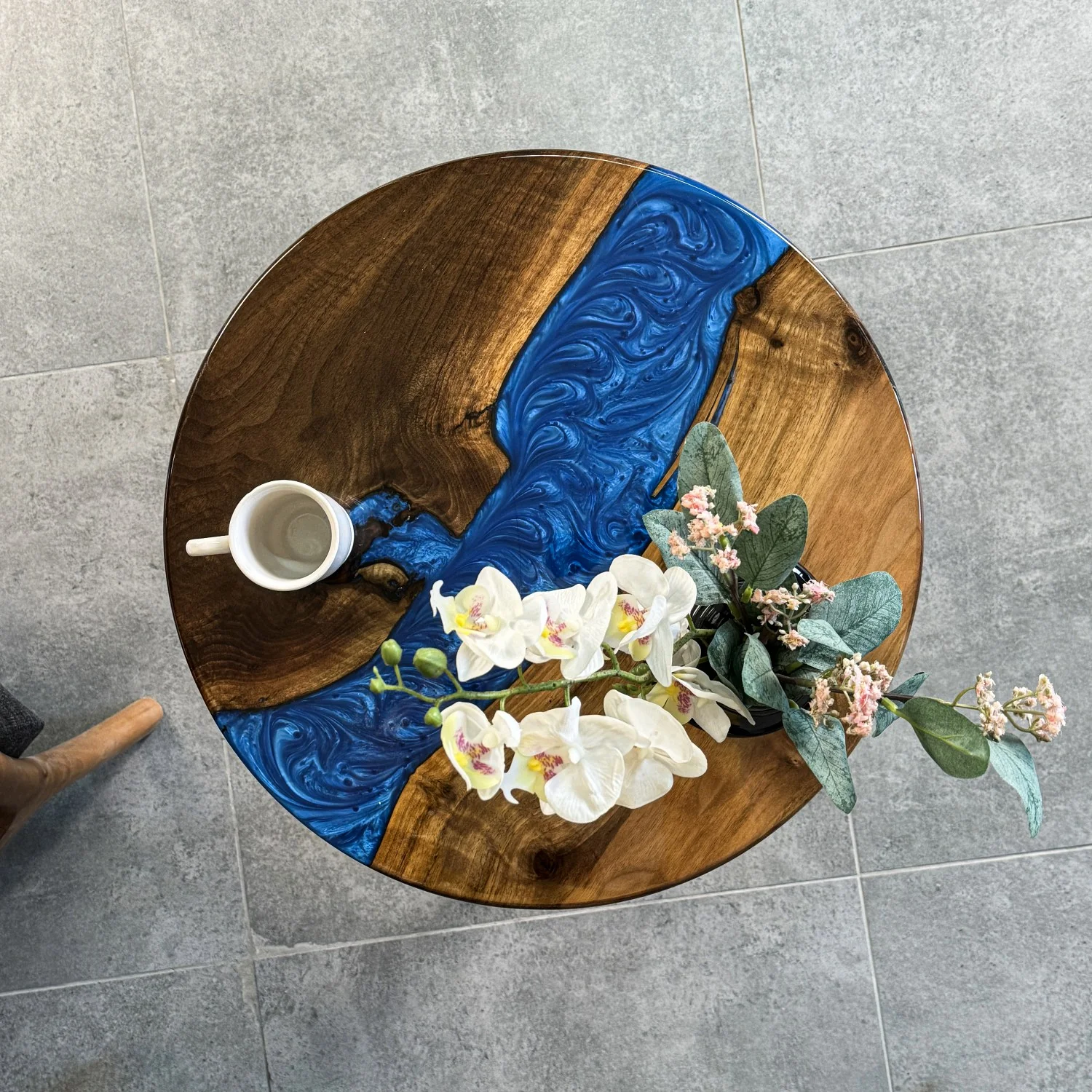 Live Edge Blue Epoxy River Side Table with Tapered Legs - Image 6