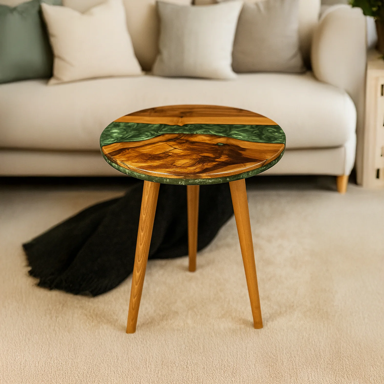 Live Edge Blue Epoxy River Side Table with Tapered Legs - Image 7
