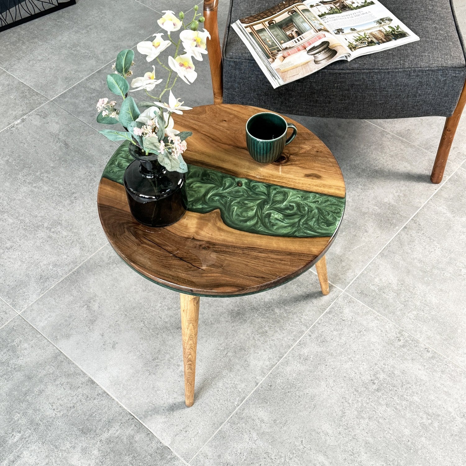 Live Edge Blue Epoxy River Side Table with Tapered Legs - Image 8