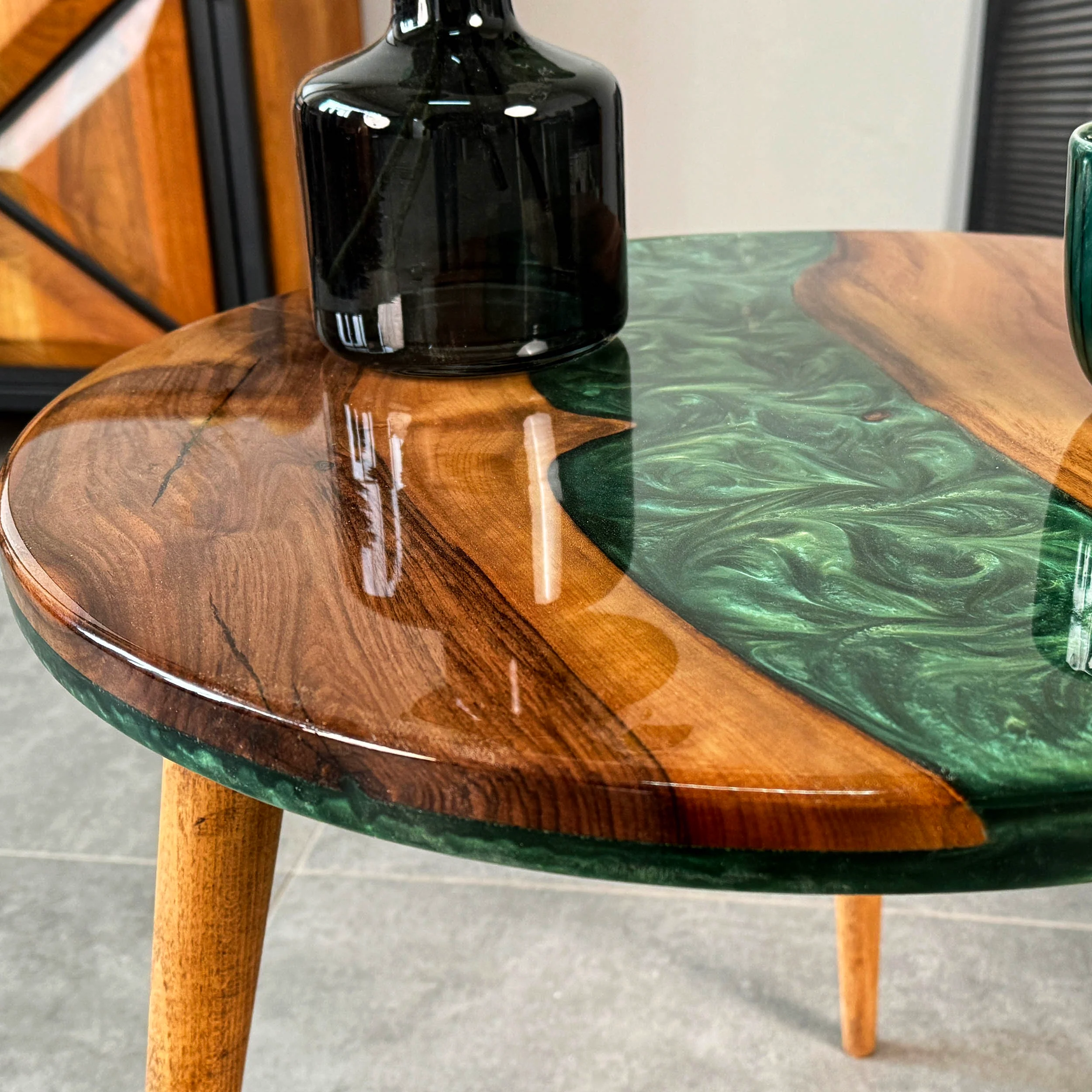 Live Edge Blue Epoxy River Side Table with Tapered Legs - Image 9