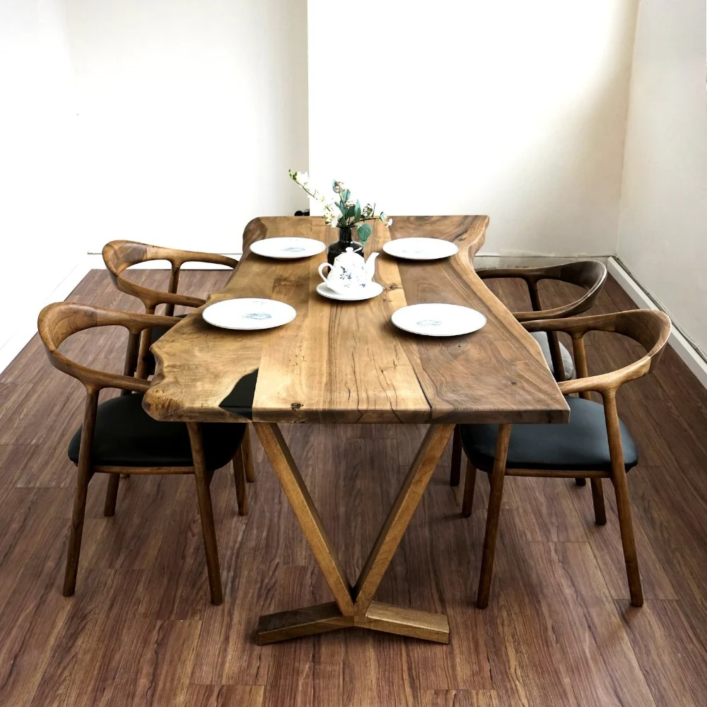 Live Edge Dining Table - Solid Walnut Farmhouse Table with Wooden Legs - Image 14