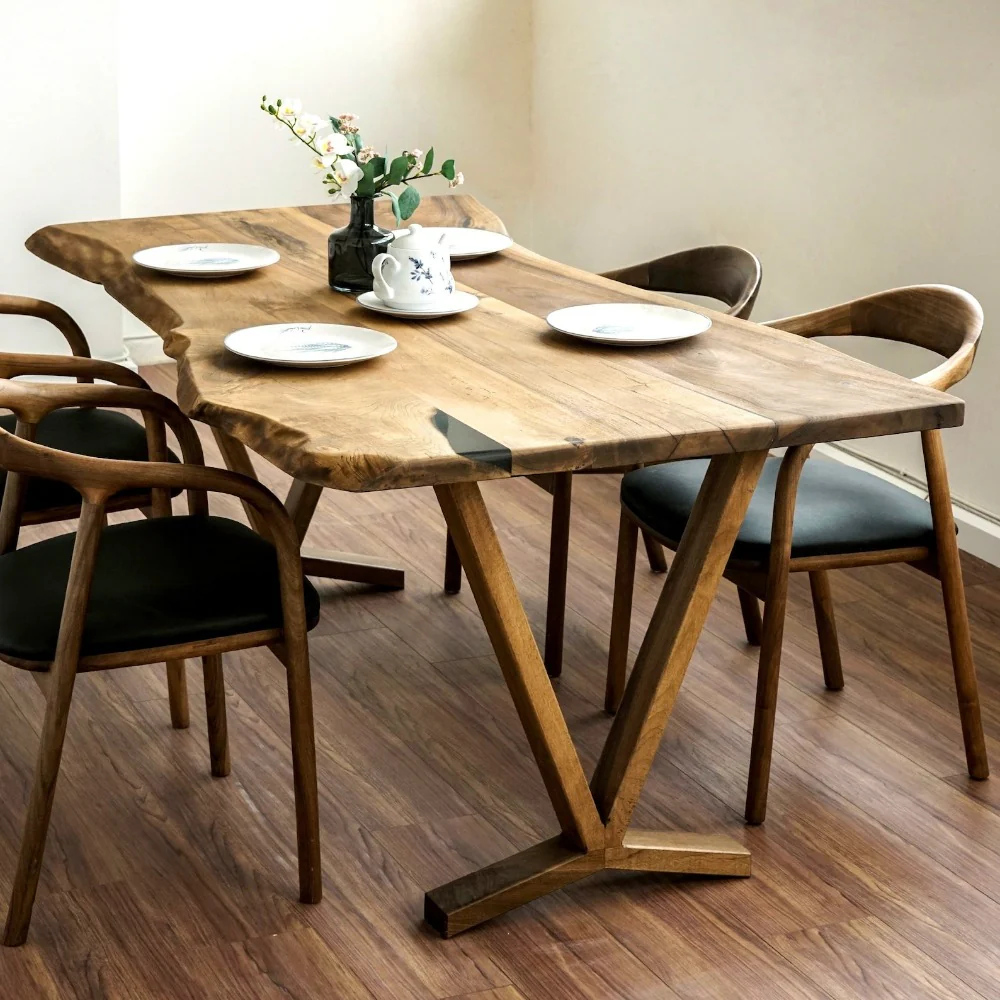 Live Edge Dining Table - Solid Walnut Farmhouse Table with Wooden Legs - Image 16
