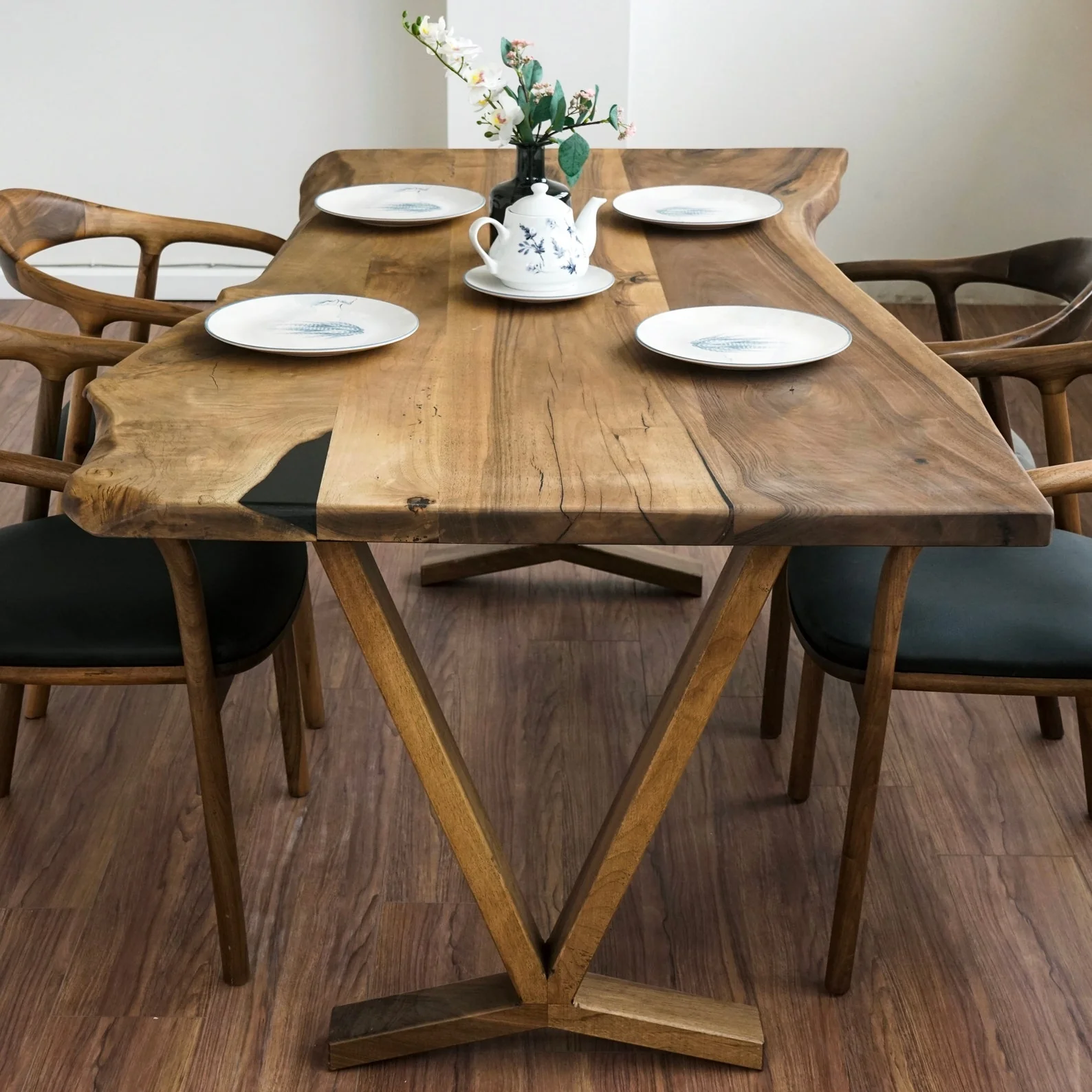 Live Edge Dining Table - Solid Walnut Farmhouse Table with Wooden Legs - Image 18