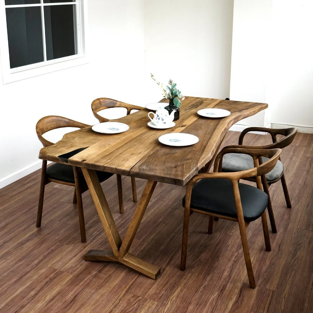 Live Edge Dining Table - Solid Walnut Farmhouse Table with Wooden Legs - Image 7