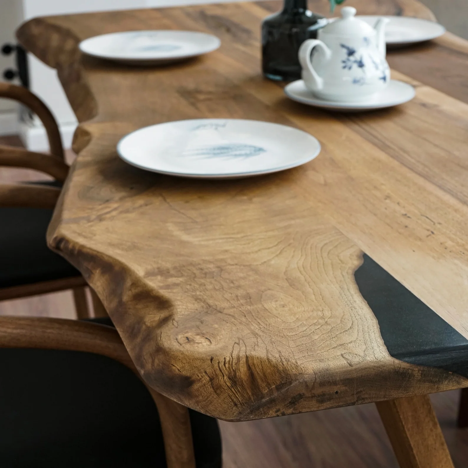 Live Edge Dining Table - Solid Walnut Farmhouse Table with Wooden Legs - Image 8