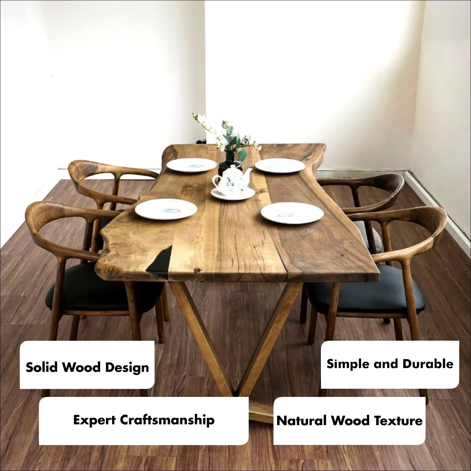 Live Edge Dining Table - Solid Walnut Farmhouse Table with Wooden Legs - Image 9