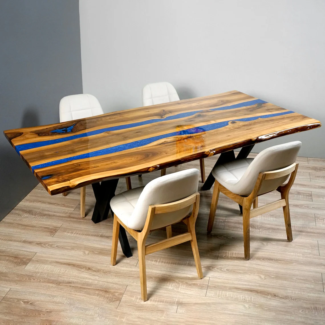 Live Edge Epoxy Navy Blue River Table - Contemporary Solid Wood Dining Table - Image 12