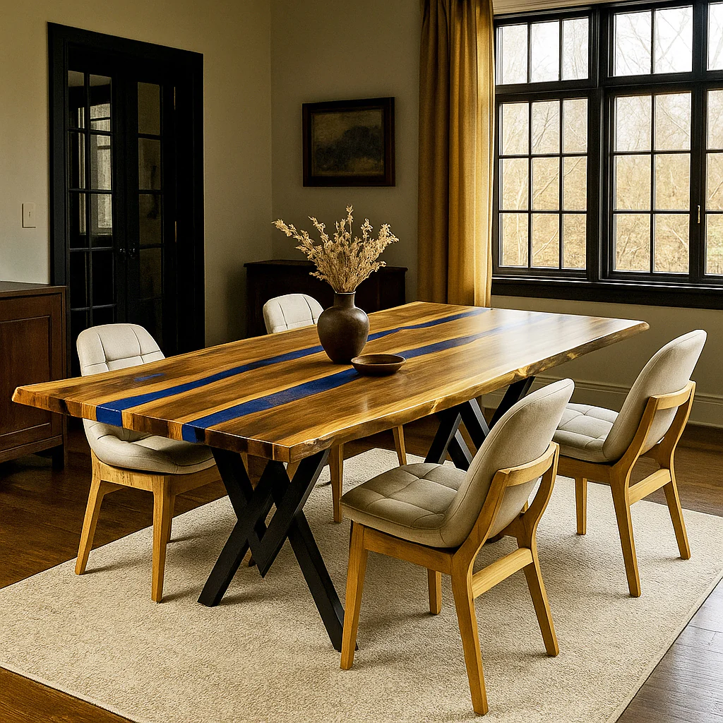 Live Edge Epoxy Navy Blue River Table - Contemporary Solid Wood Dining Table - Image 4