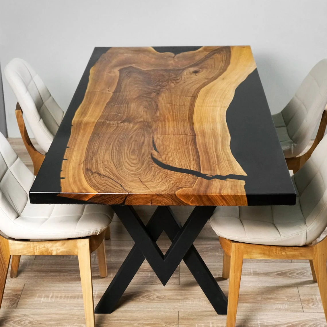 Live Edge Walnut Black Epoxy Dining Table - Image 4