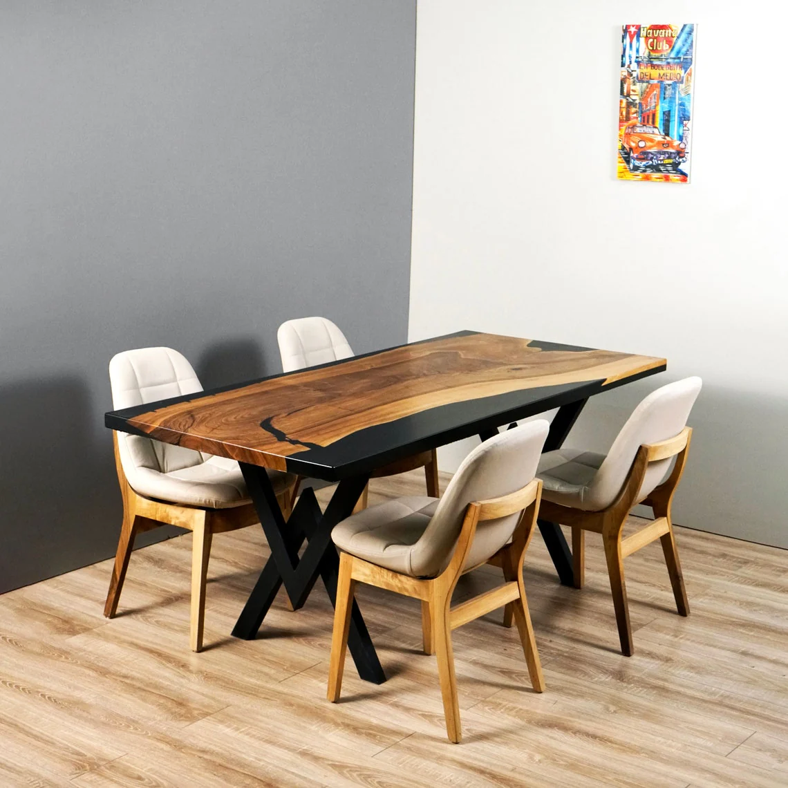 Live Edge Walnut Black Epoxy Dining Table - Image 5