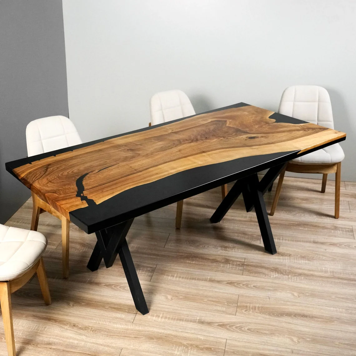 Live Edge Walnut Black Epoxy Dining Table - Image 6
