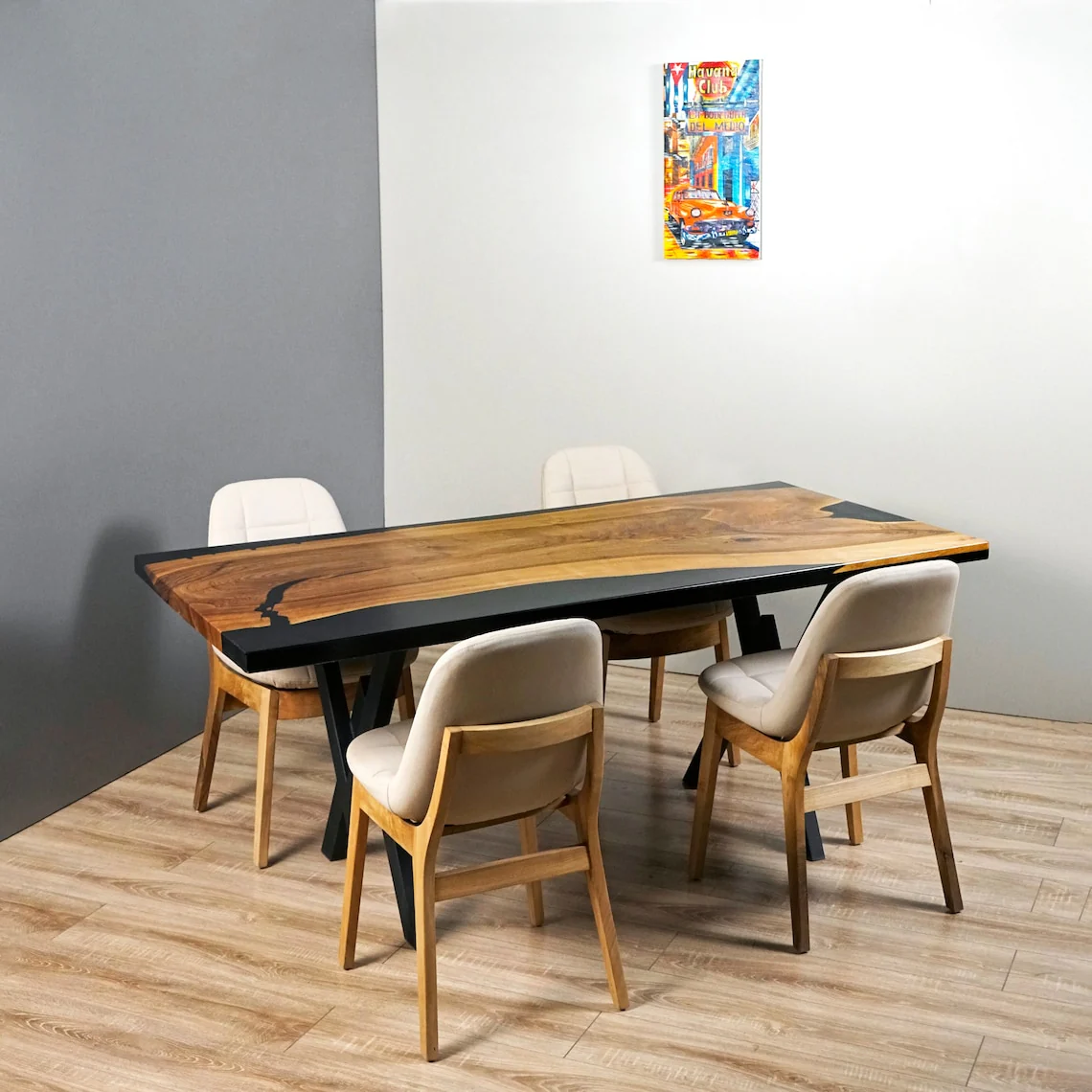 Live Edge Walnut Black Epoxy Dining Table - Image 8