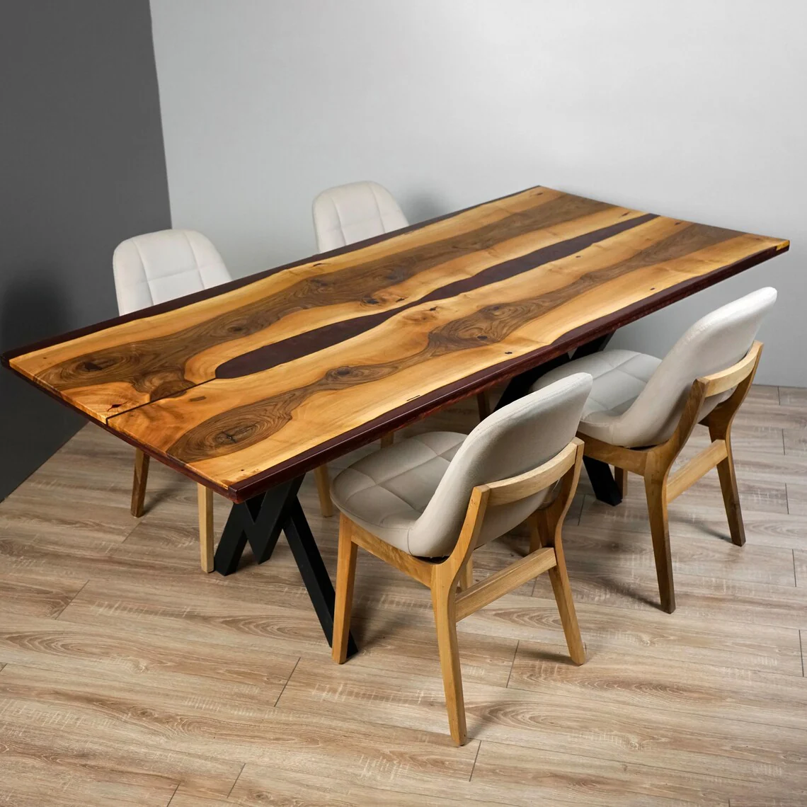 Live Edge Walnut Dining Table with Burgundy Epoxy and Metal Legs - Image 5
