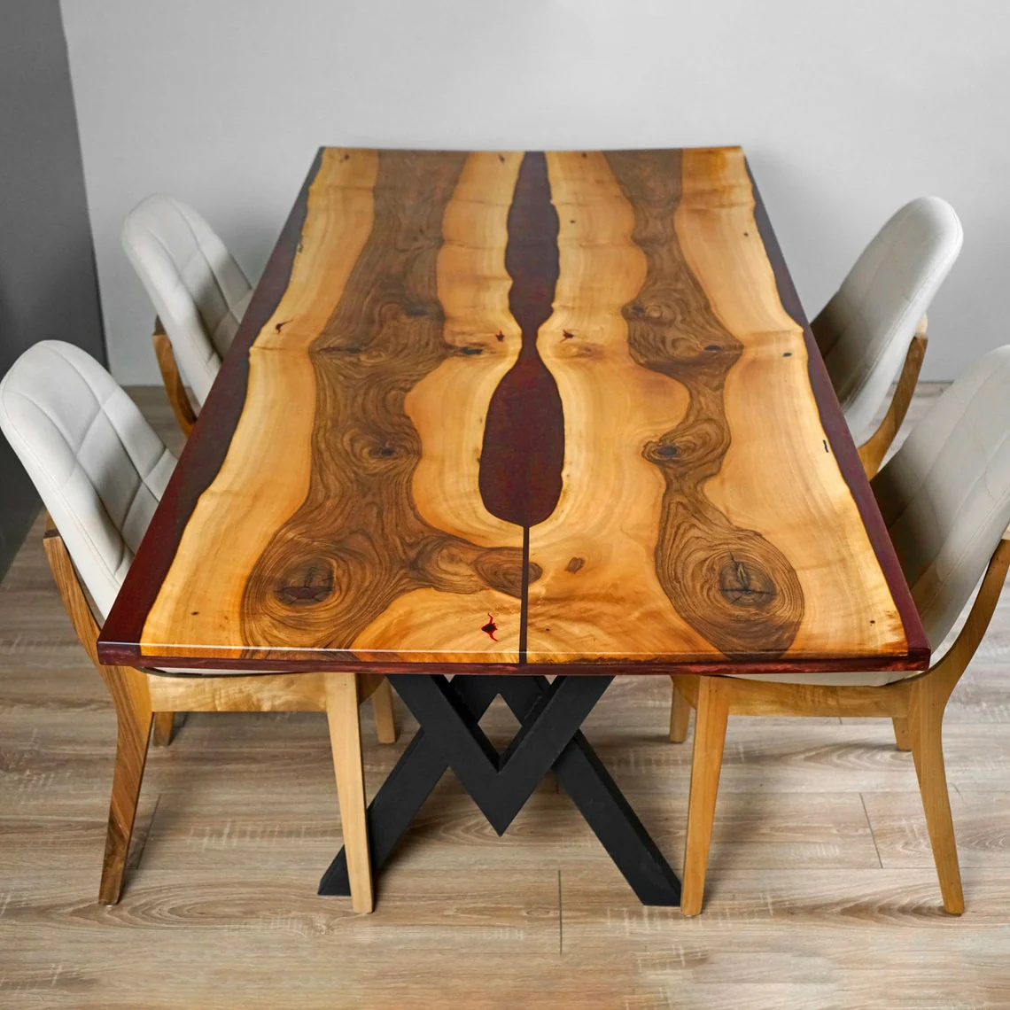 Live Edge Walnut Dining Table with Burgundy Epoxy and Metal Legs - Image 6